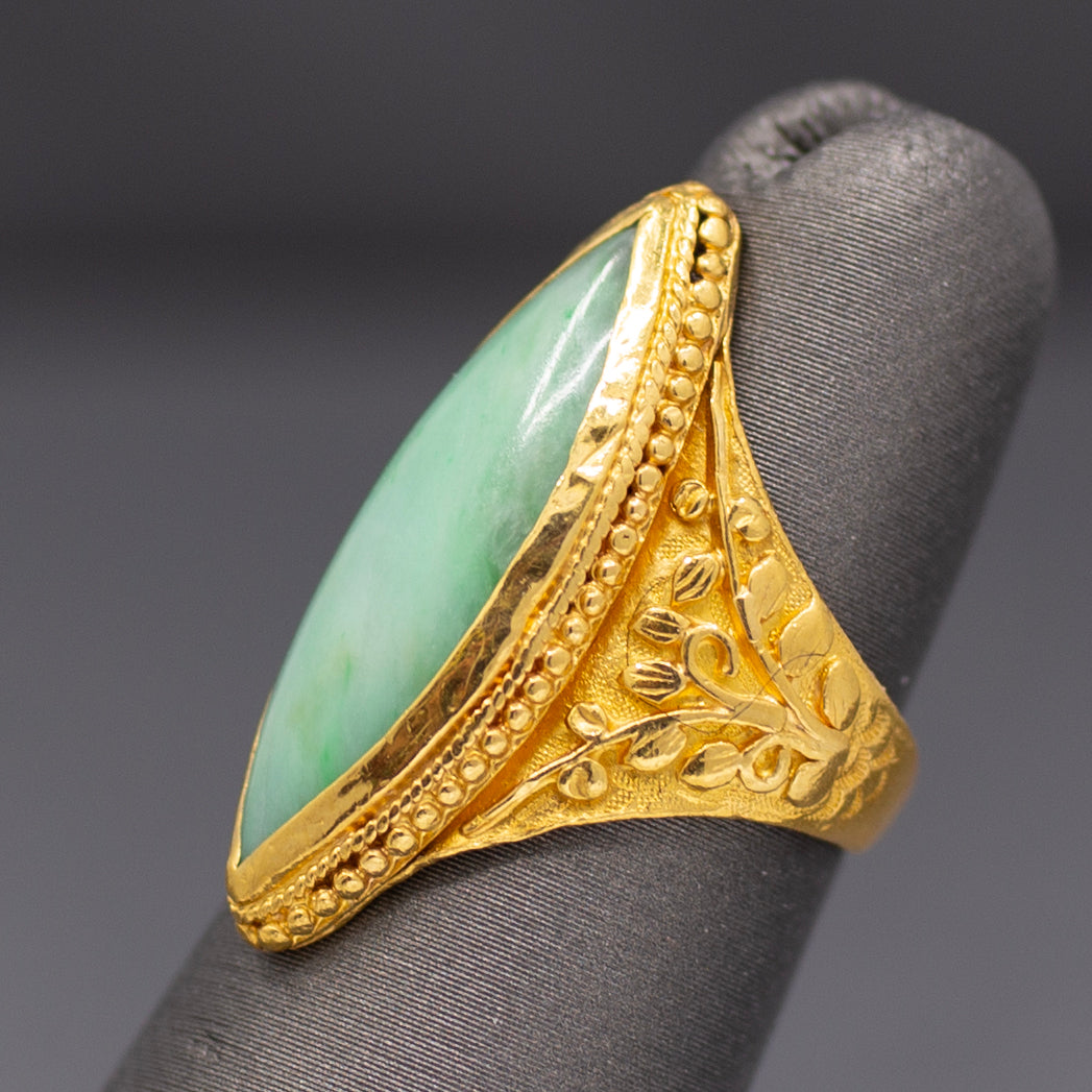 Vintage Marquise Jadeite Jade Bezel Set Engraved Ring in 22k Yellow Gold