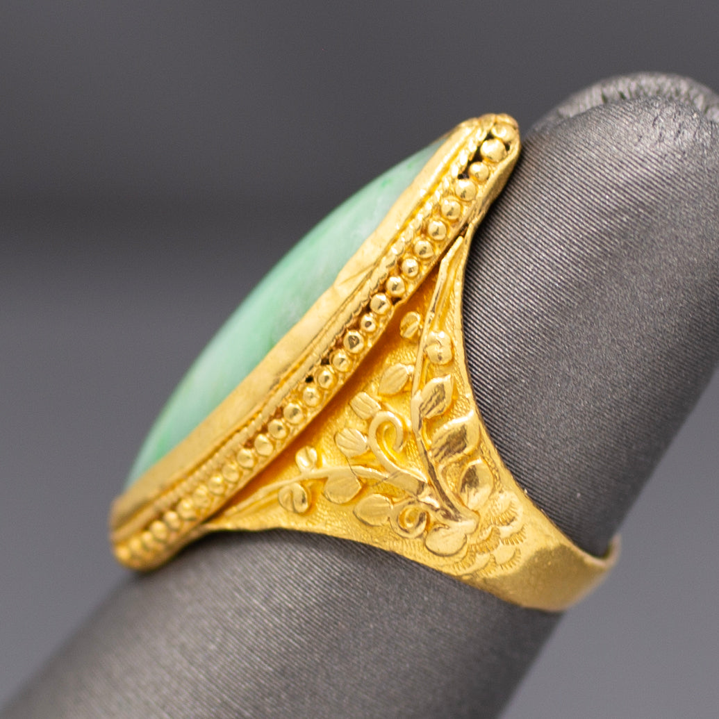 Vintage Marquise Jadeite Jade Bezel Set Engraved Ring in 22k Yellow Gold