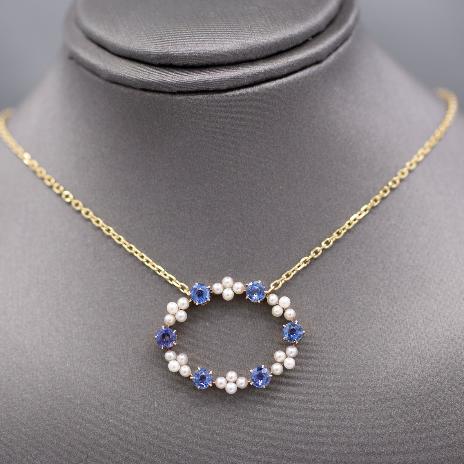GIA Certified Yogo Blue Montana Sapphire and Pearl Pendant Necklace in 14k Yellow Gold