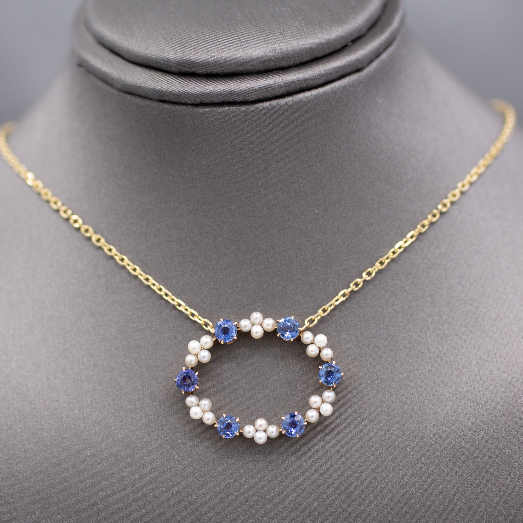 GIA Certified Yogo Blue Montana Sapphire and Pearl Pendant Necklace in 14k Yellow Gold