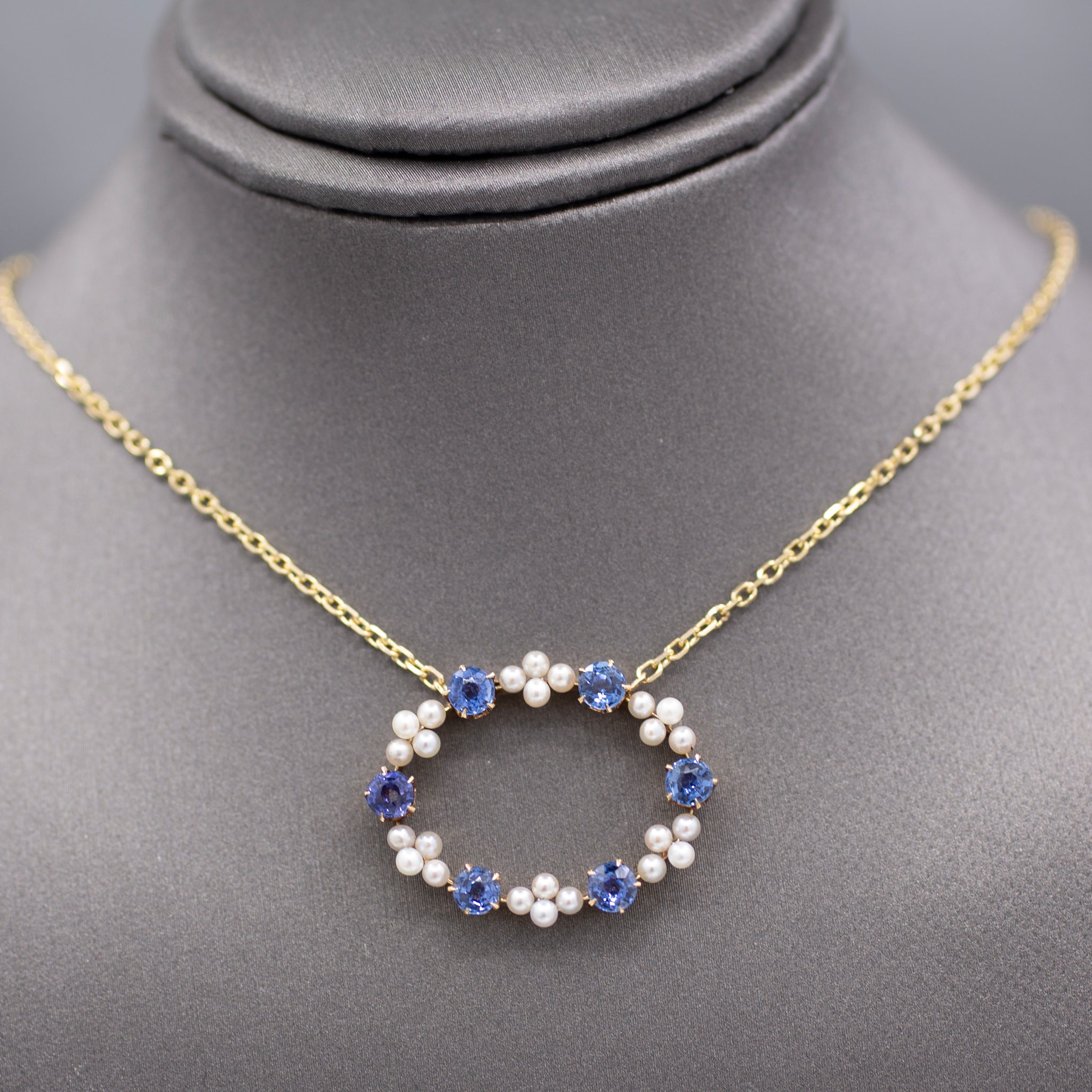 GIA Certified Yogo Blue Montana Sapphire and Pearl Pendant Necklace in 14k Yellow Gold
