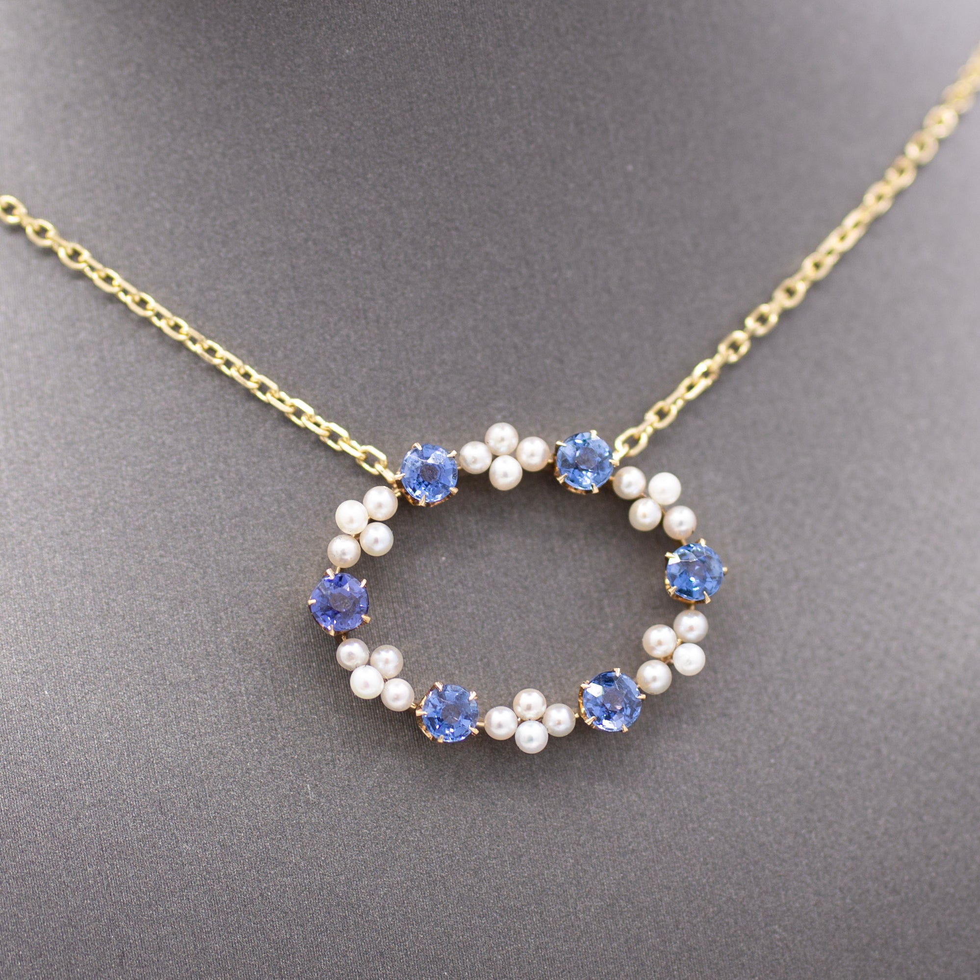 GIA Certified Yogo Blue Montana Sapphire and Pearl Pendant Necklace in 14k Yellow Gold