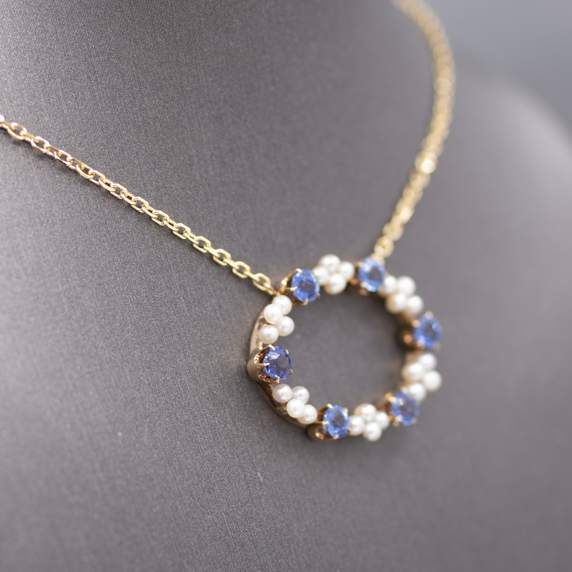 GIA Certified Yogo Blue Montana Sapphire and Pearl Pendant Necklace in 14k Yellow Gold