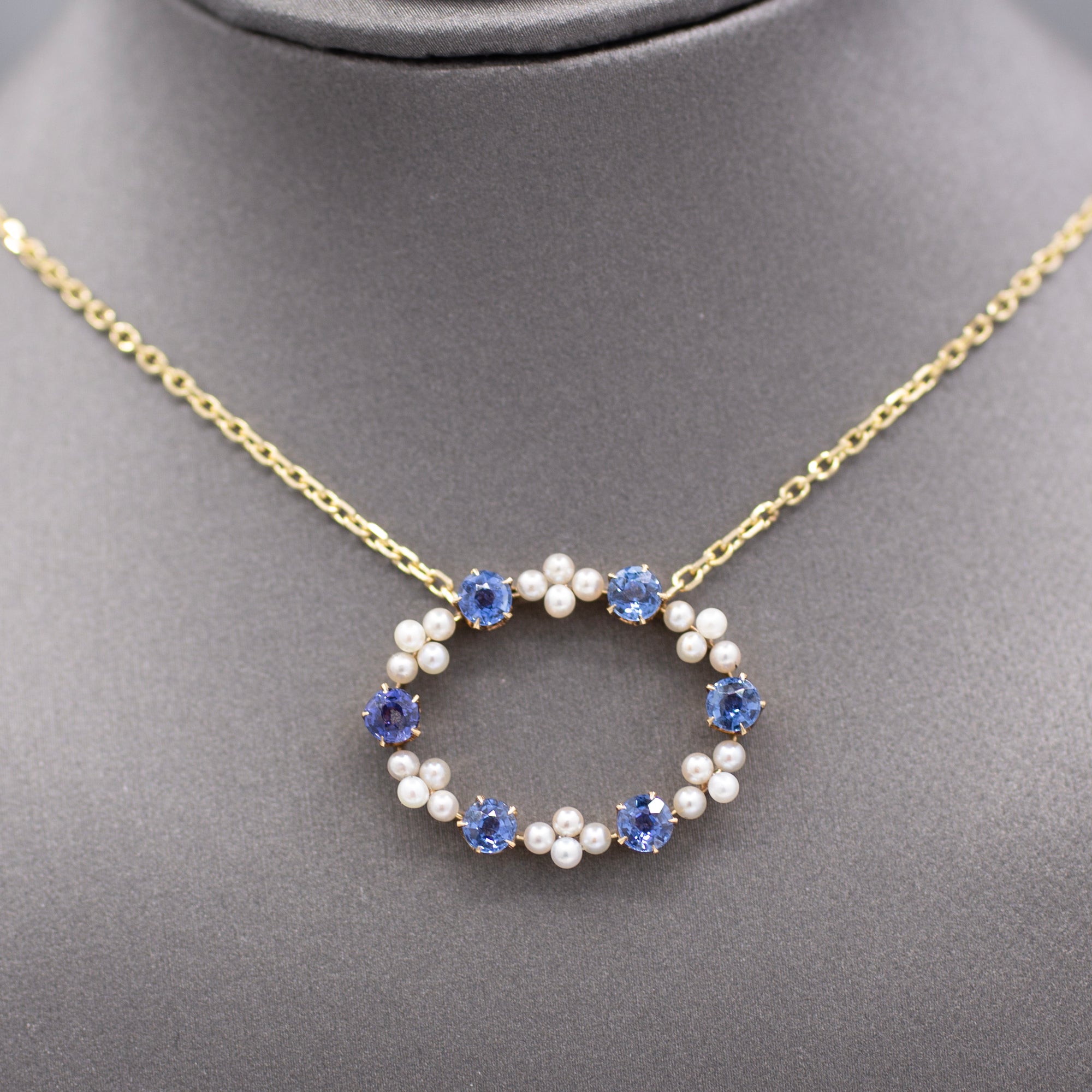 GIA Certified Yogo Blue Montana Sapphire and Pearl Pendant Necklace in 14k Yellow Gold