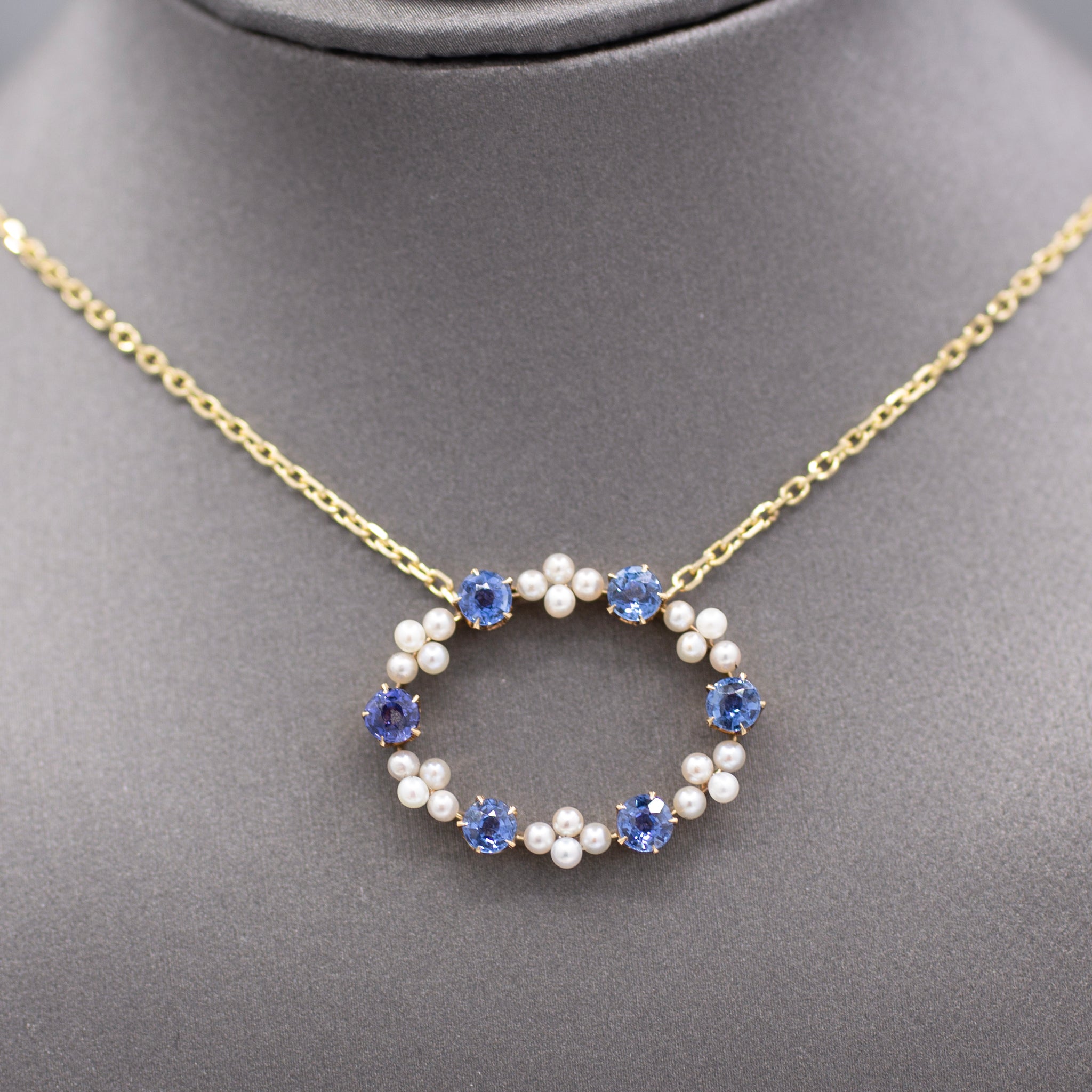 GIA Certified Yogo Blue Montana Sapphire and Pearl Pendant Necklace in 14k Yellow Gold