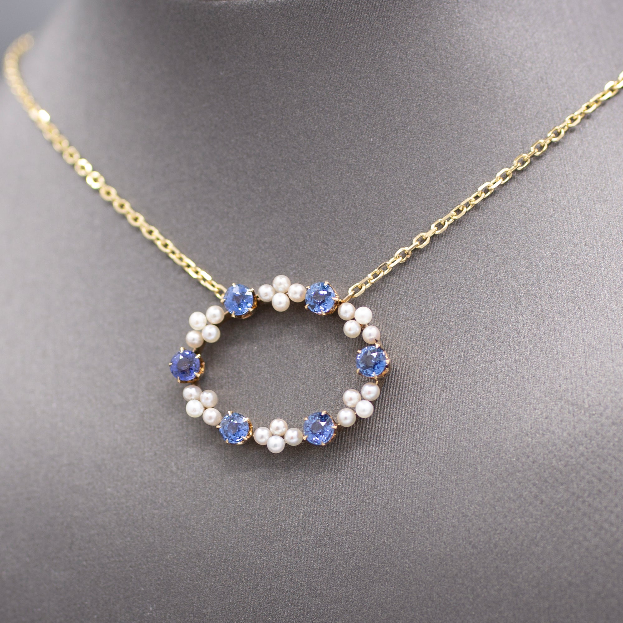 GIA Certified Yogo Blue Montana Sapphire and Pearl Pendant Necklace in 14k Yellow Gold