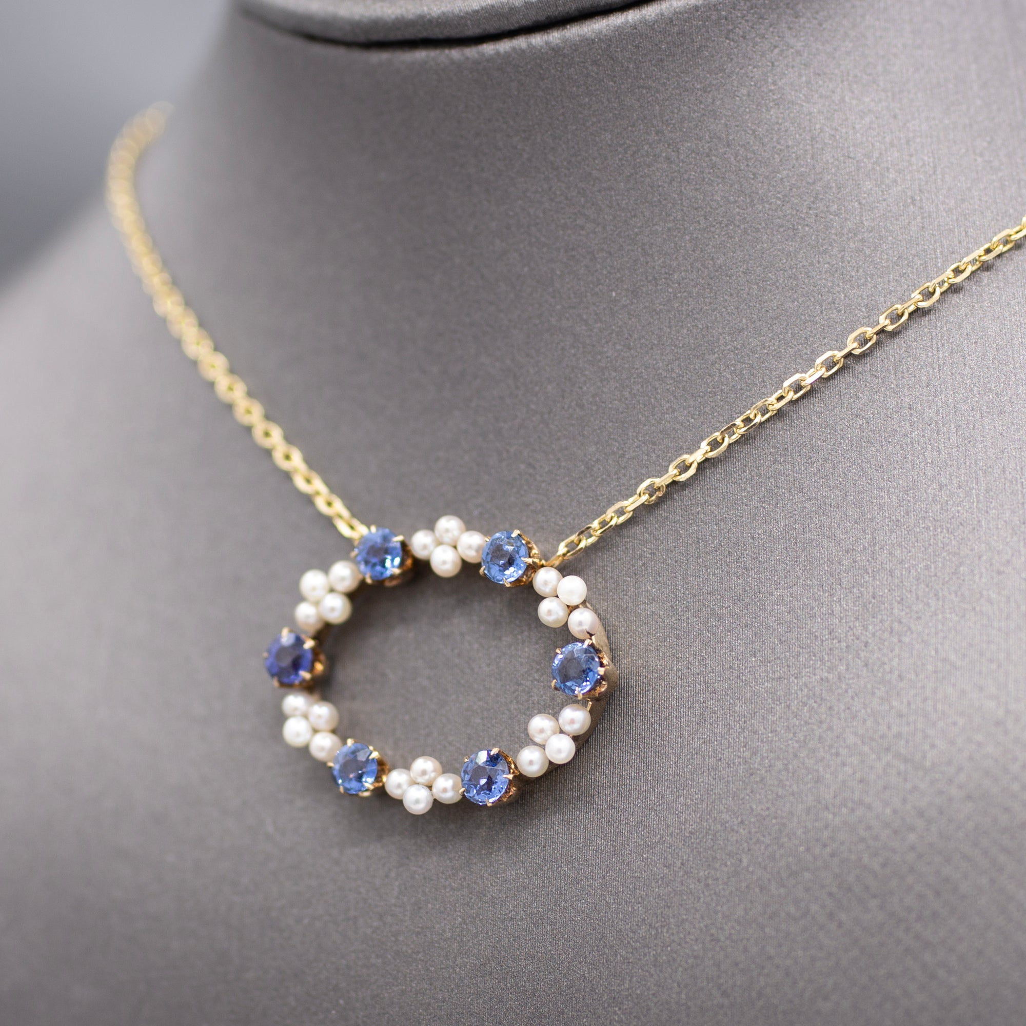 GIA Certified Yogo Blue Montana Sapphire and Pearl Pendant Necklace in 14k Yellow Gold