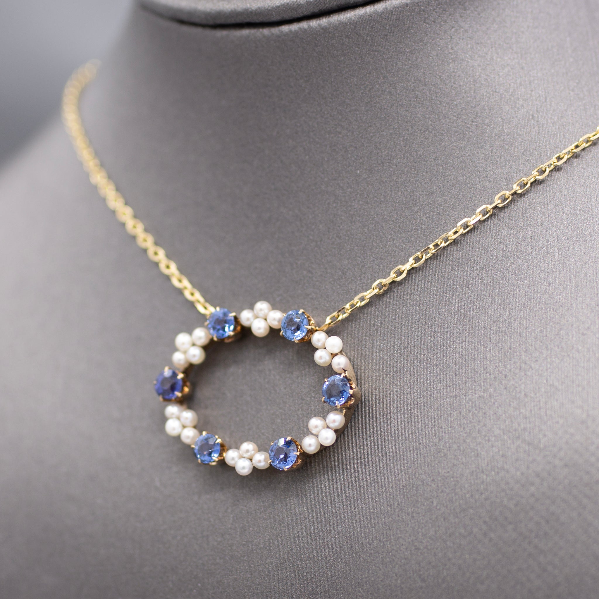 GIA Certified Yogo Blue Montana Sapphire and Pearl Pendant Necklace in 14k Yellow Gold