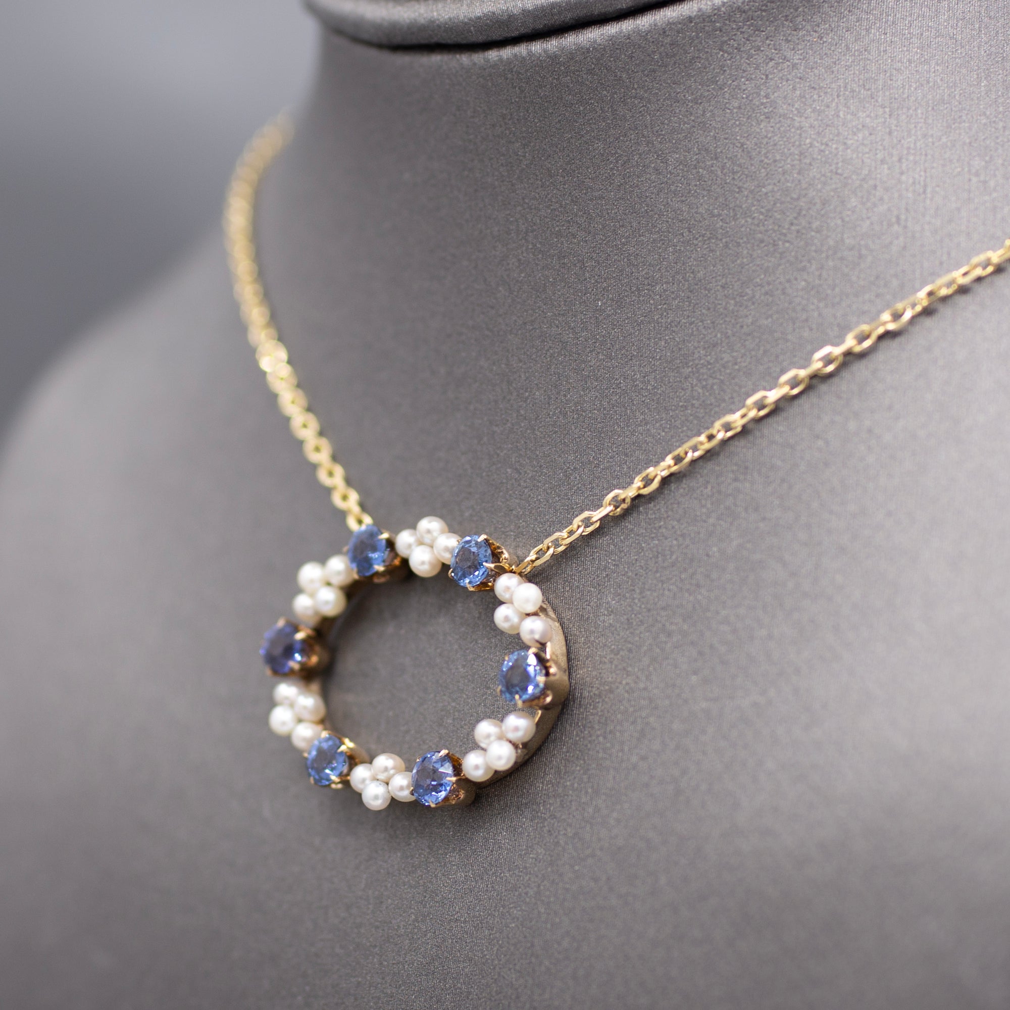 GIA Certified Yogo Blue Montana Sapphire and Pearl Pendant Necklace in 14k Yellow Gold