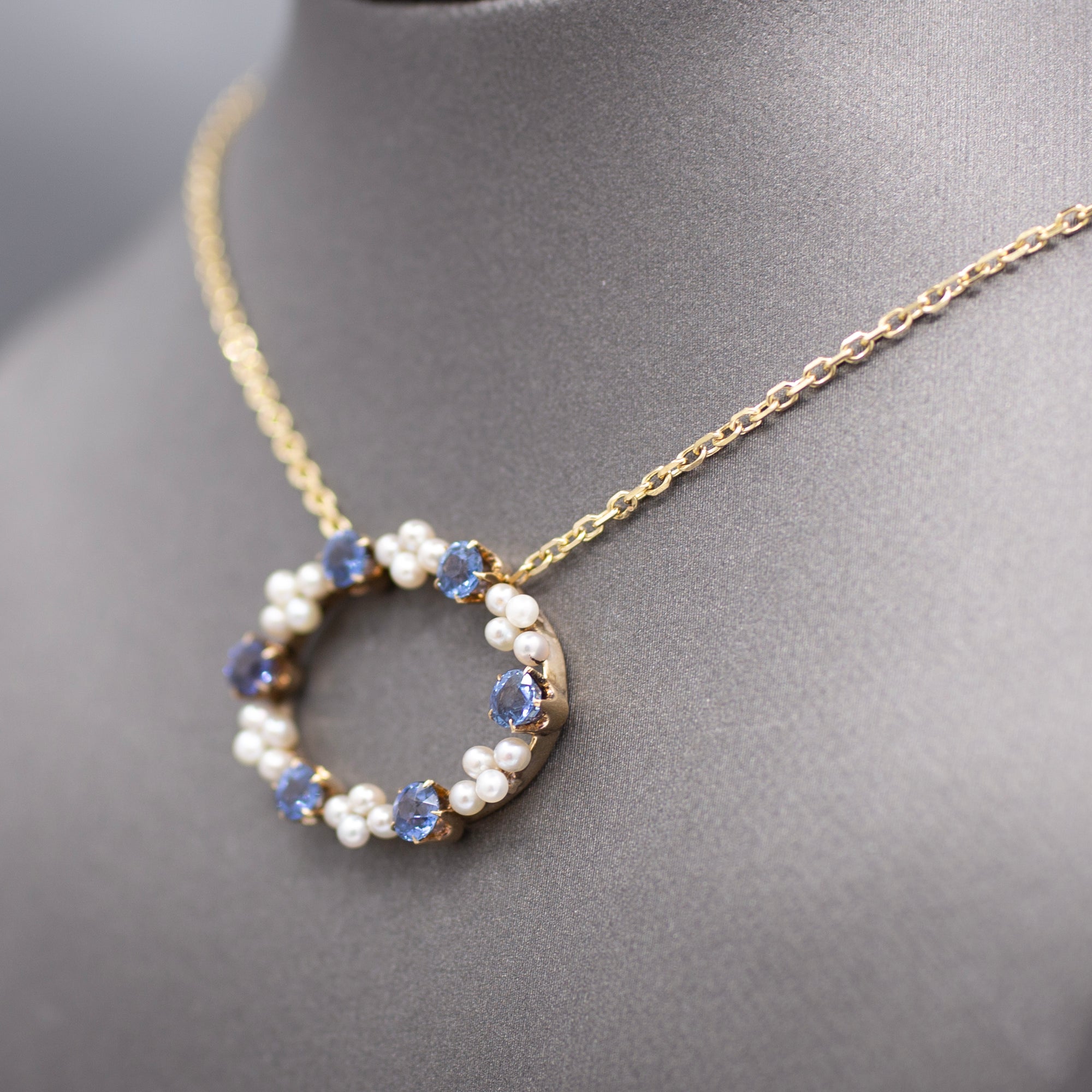 GIA Certified Yogo Blue Montana Sapphire and Pearl Pendant Necklace in 14k Yellow Gold