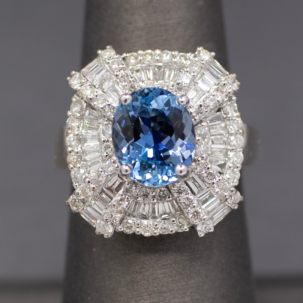 GIA Certified Aquamarine and Diamond Statement Ring in 14k White Gold