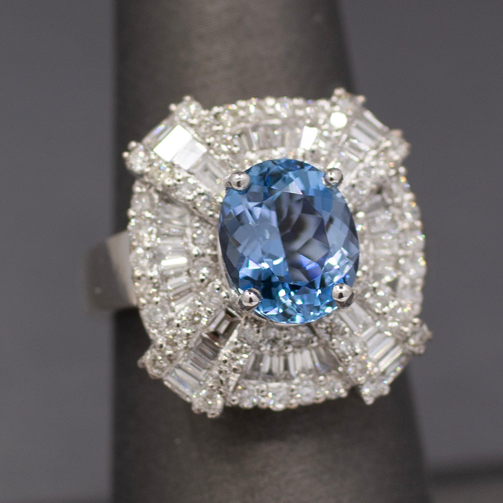 GIA Certified Aquamarine and Diamond Statement Ring in 14k White Gold