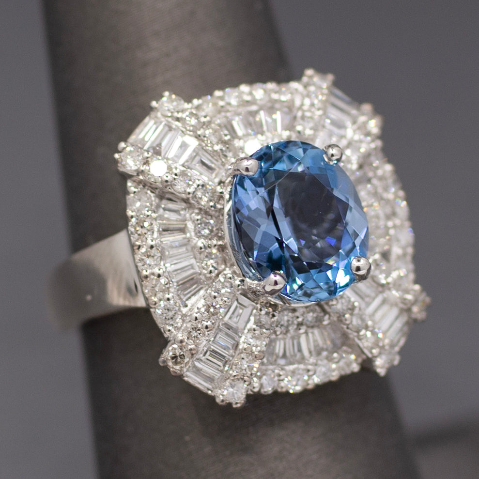 GIA Certified Aquamarine and Diamond Statement Ring in 14k White Gold