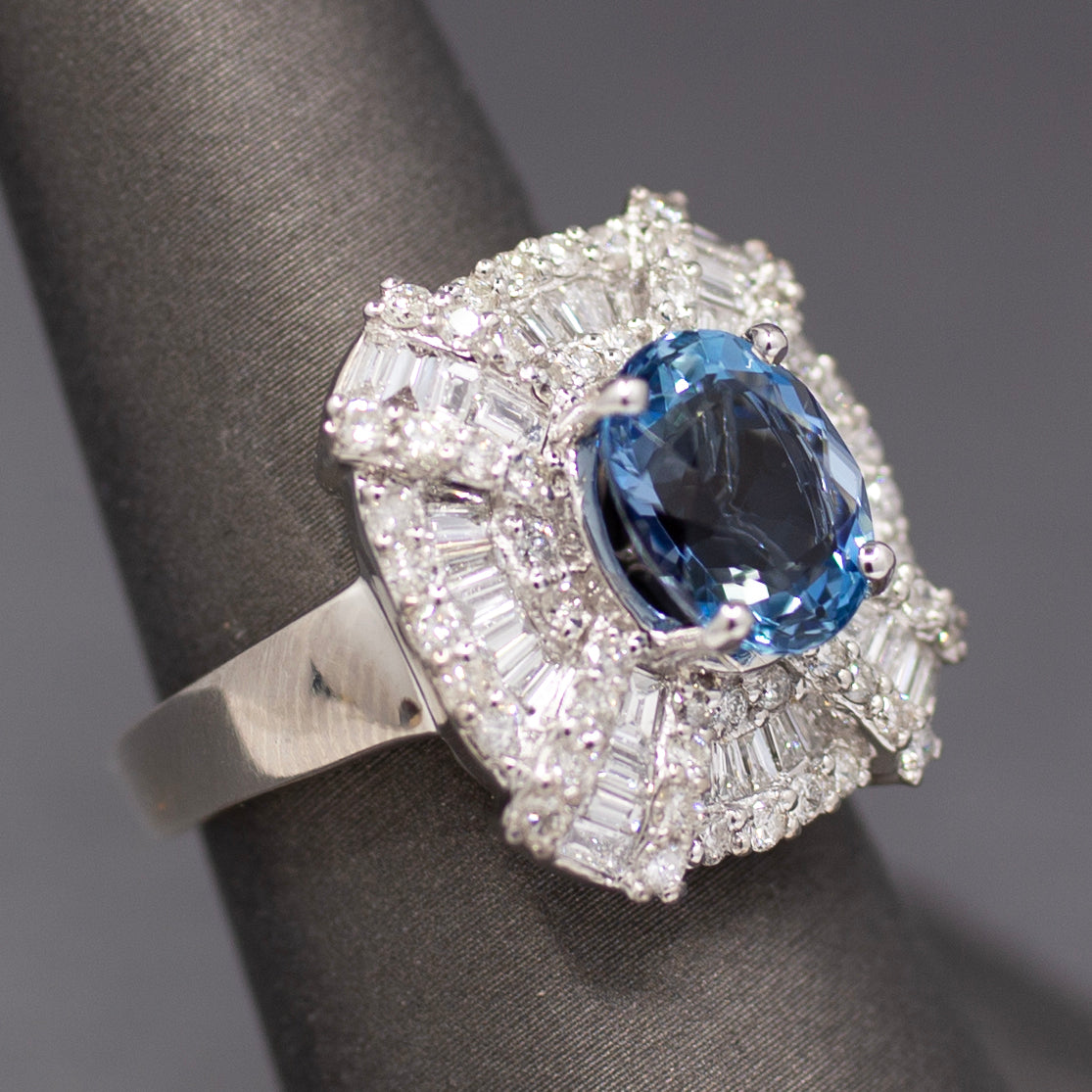 GIA Certified Aquamarine and Diamond Statement Ring in 14k White Gold