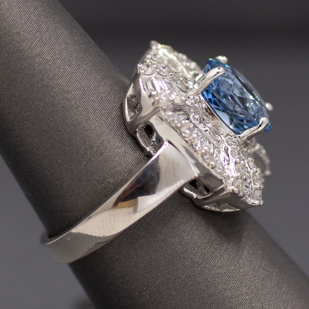 GIA Certified Aquamarine and Diamond Statement Ring in 14k White Gold