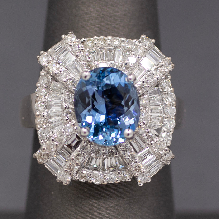 GIA Certified Aquamarine and Diamond Statement Ring in 14k White Gold