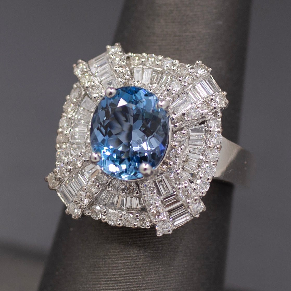GIA Certified Aquamarine and Diamond Statement Ring in 14k White Gold