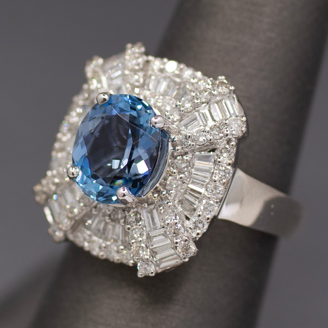 GIA Certified Aquamarine and Diamond Statement Ring in 14k White Gold