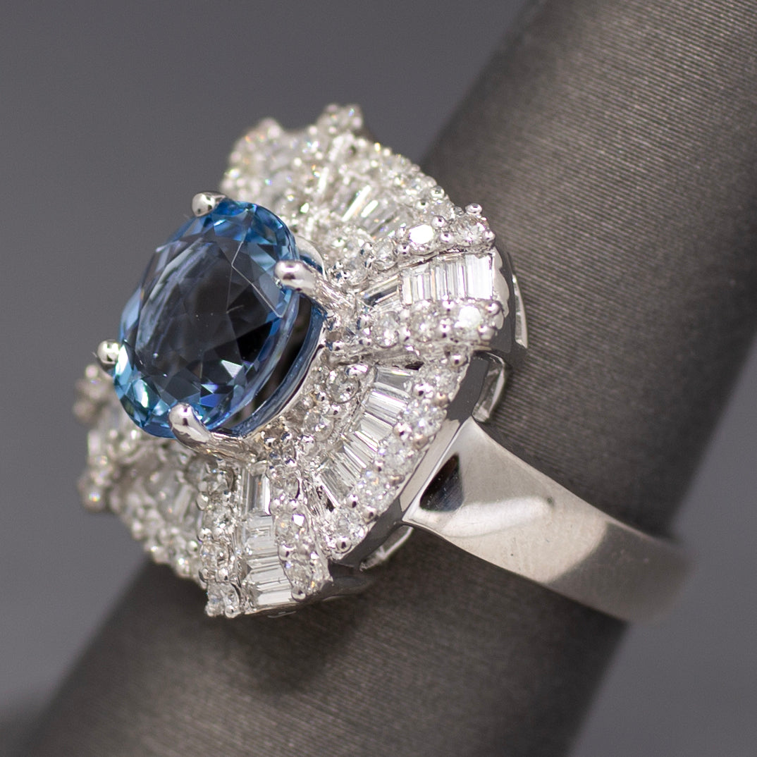 GIA Certified Aquamarine and Diamond Statement Ring in 14k White Gold