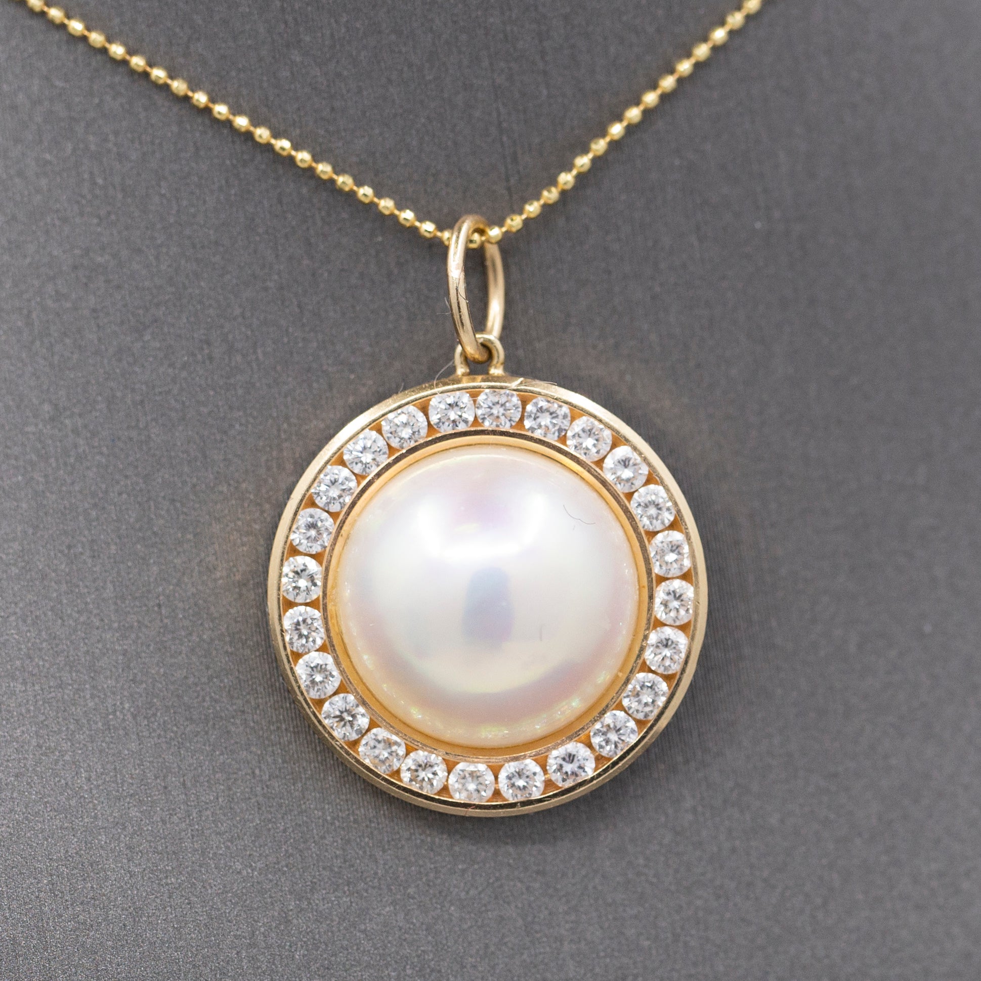 Exceptional Mabe' Pearl and Diamond Halo Pendant Necklace in 14k Yellow Gold