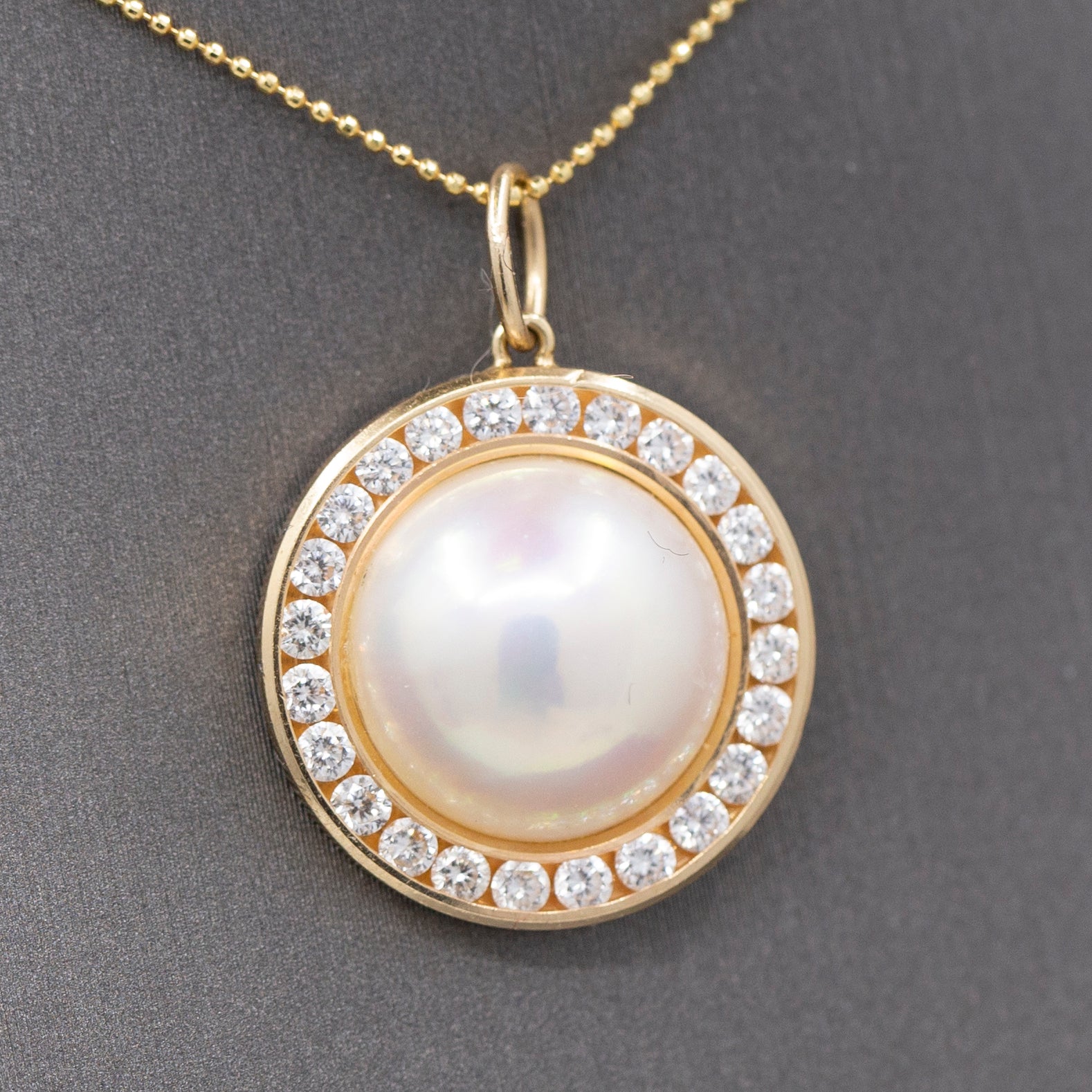 Exceptional Mabe' Pearl and Diamond Halo Pendant Necklace in 14k Yellow Gold