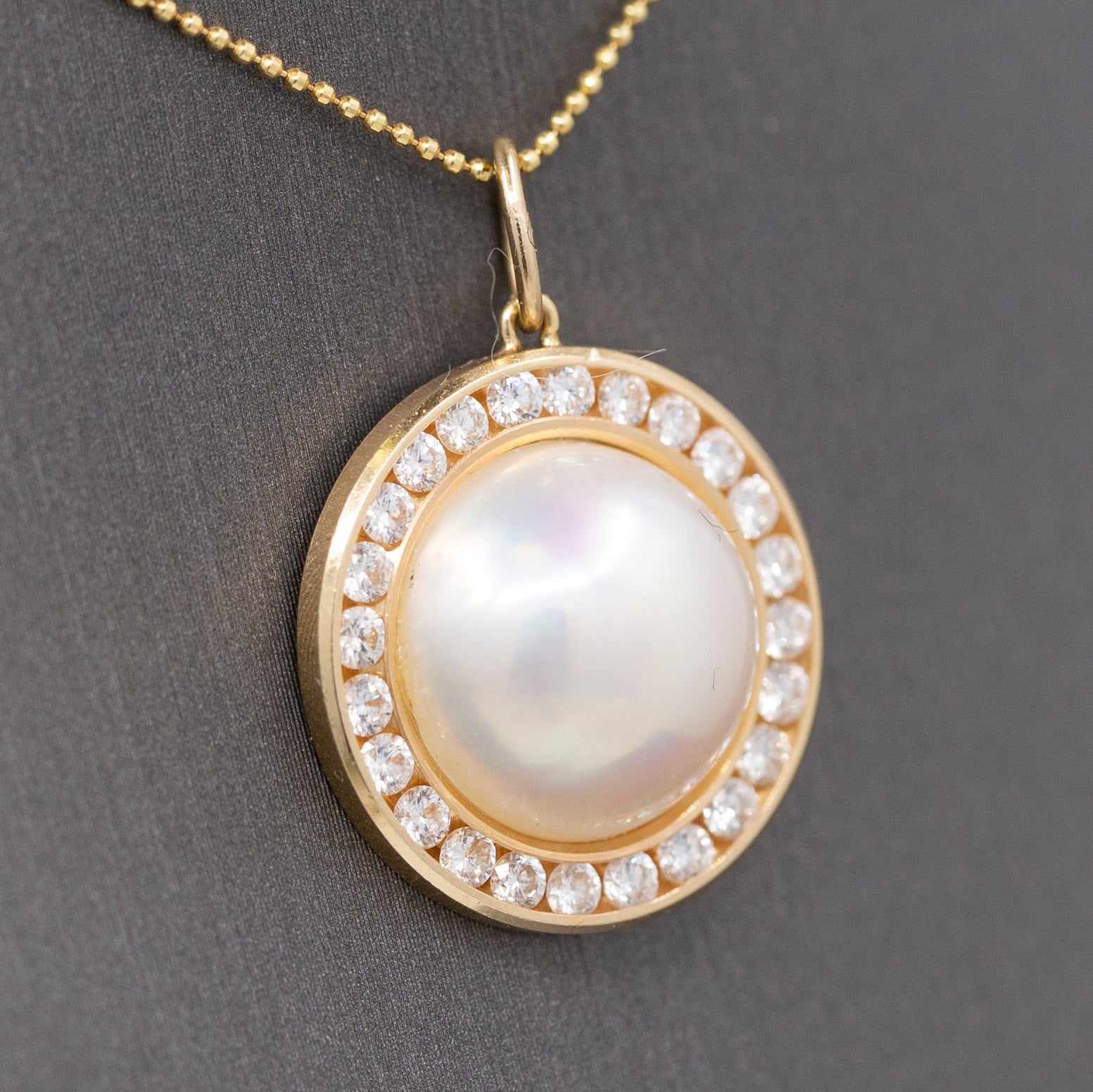 Exceptional Mabe' Pearl and Diamond Halo Pendant Necklace in 14k Yellow Gold