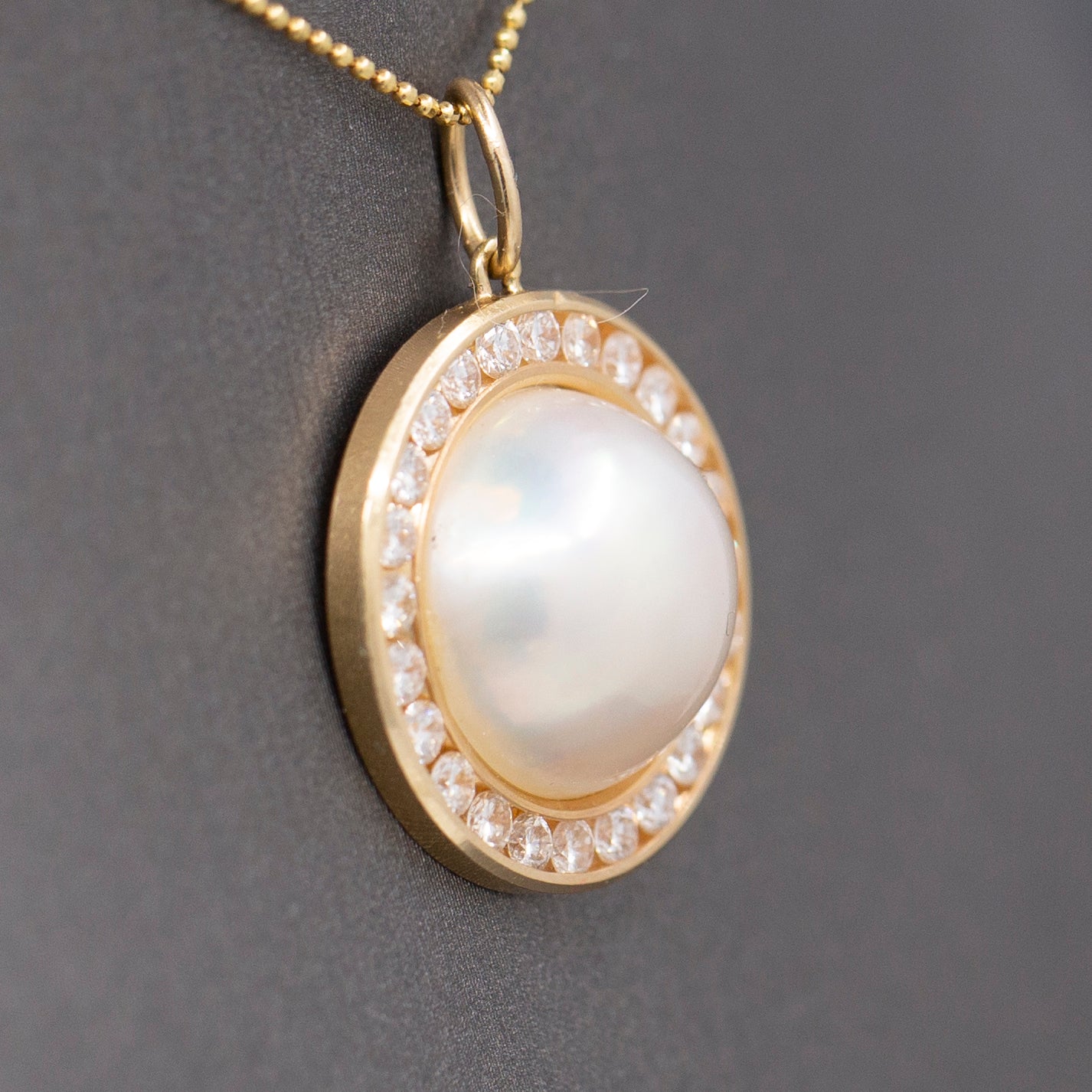 Exceptional Mabe' Pearl and Diamond Halo Pendant Necklace in 14k Yellow Gold