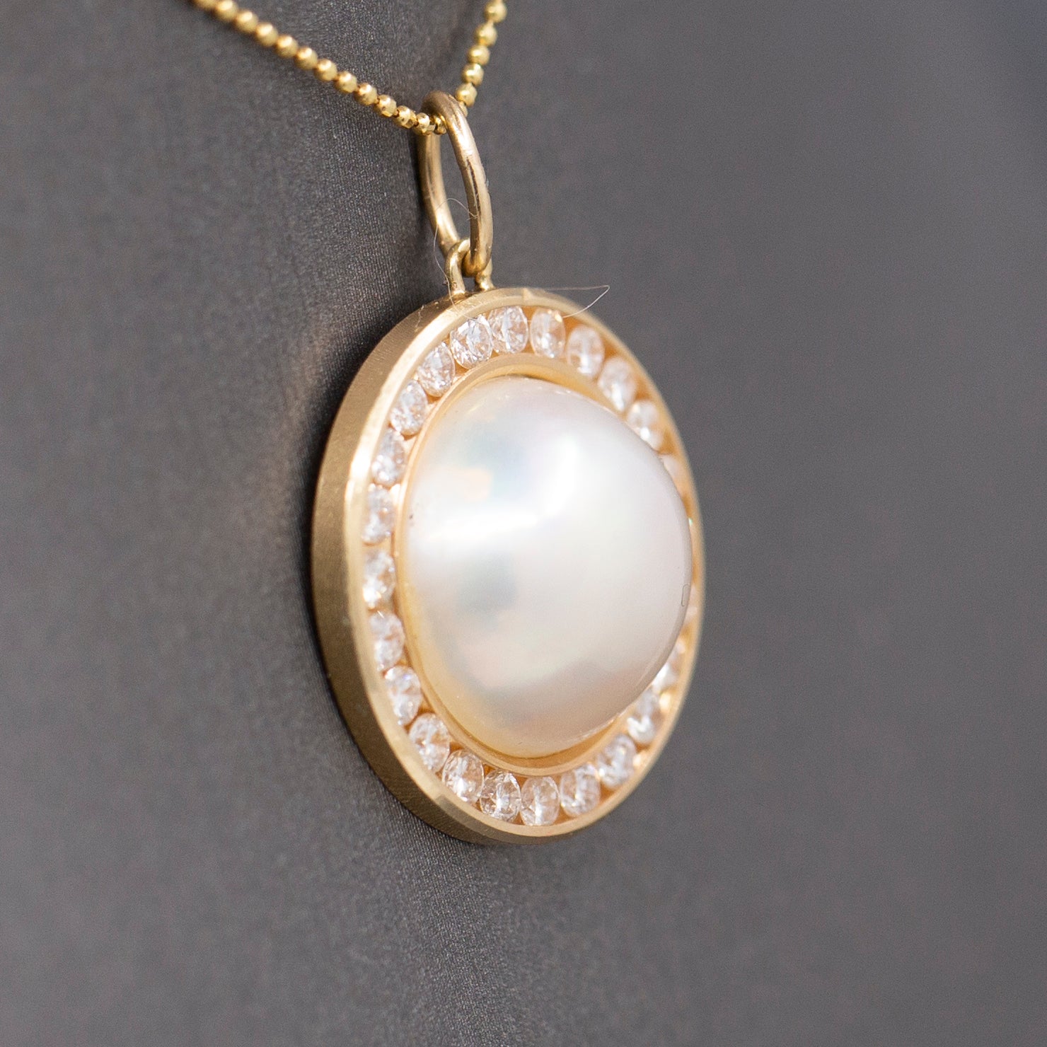 Exceptional Mabe' Pearl and Diamond Halo Pendant Necklace in 14k Yellow Gold