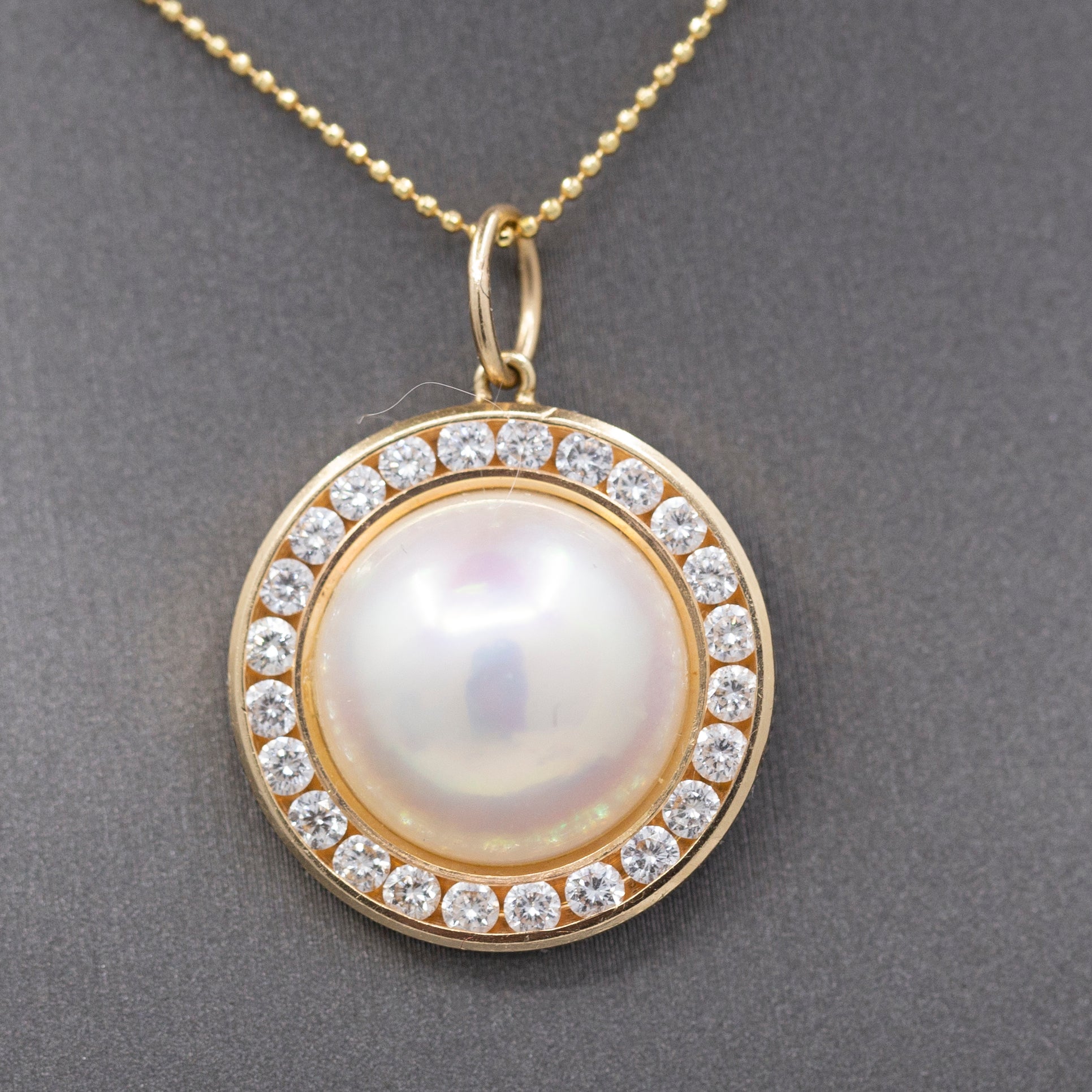 Exceptional Mabe' Pearl and Diamond Halo Pendant Necklace in 14k Yellow Gold
