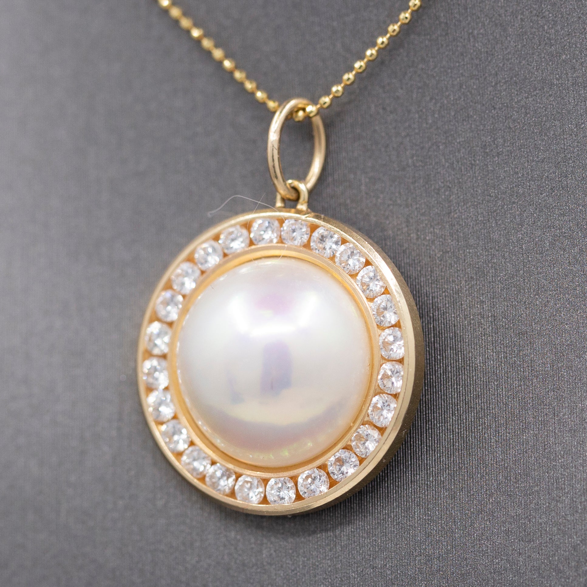 Exceptional Mabe' Pearl and Diamond Halo Pendant Necklace in 14k Yellow Gold