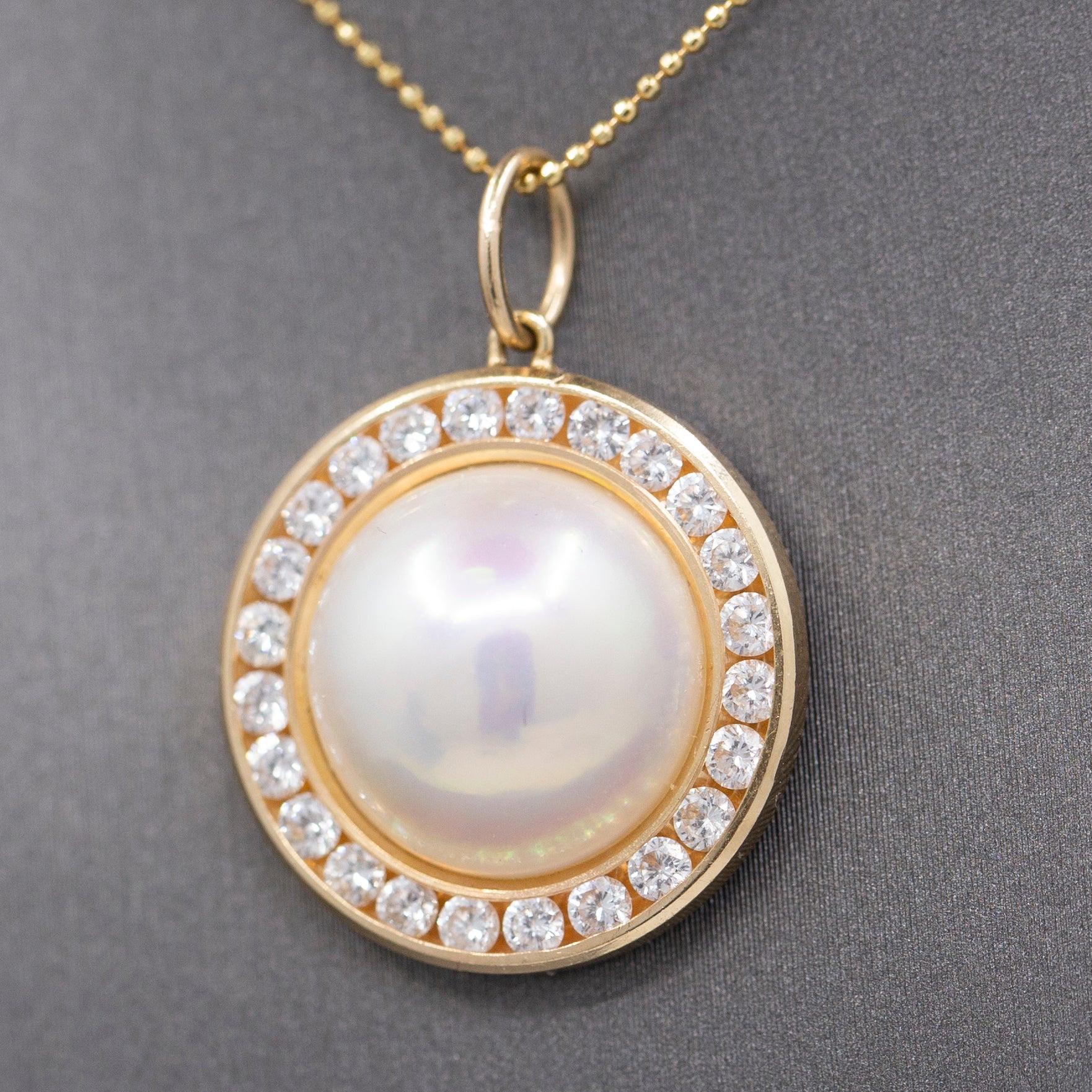 Exceptional Mabe' Pearl and Diamond Halo Pendant Necklace in 14k Yellow Gold