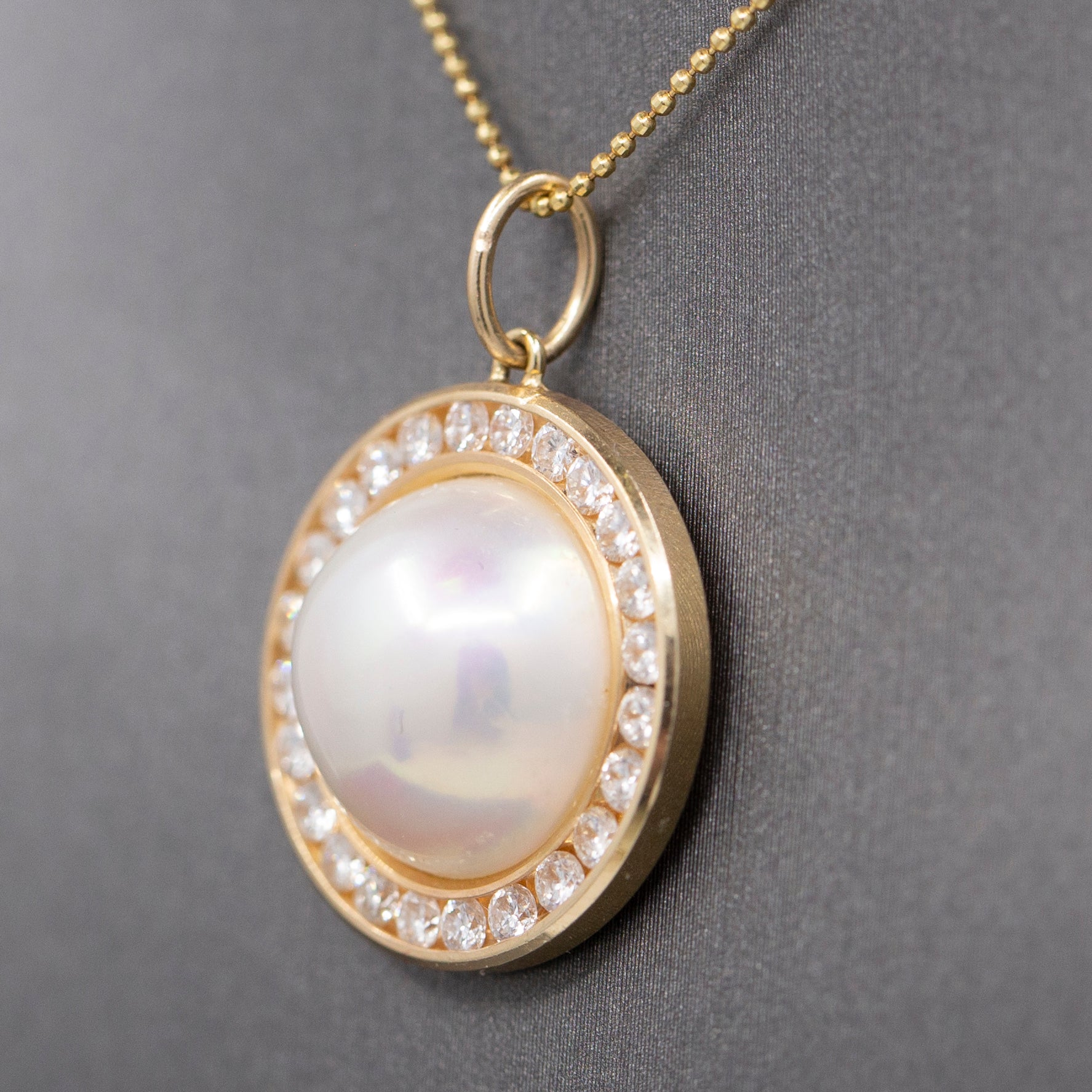 Exceptional Mabe' Pearl and Diamond Halo Pendant Necklace in 14k Yellow Gold