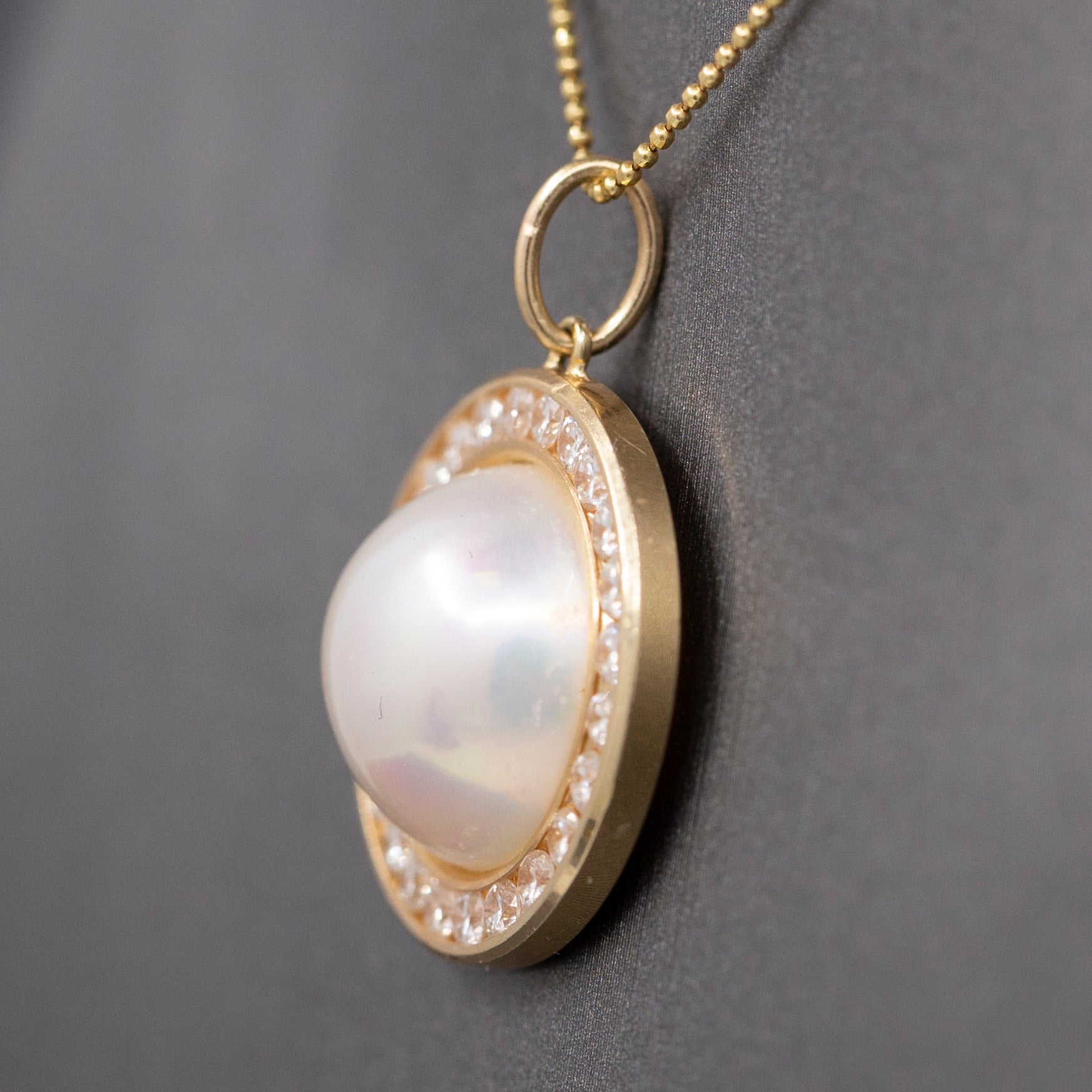 Exceptional Mabe' Pearl and Diamond Halo Pendant Necklace in 14k Yellow Gold