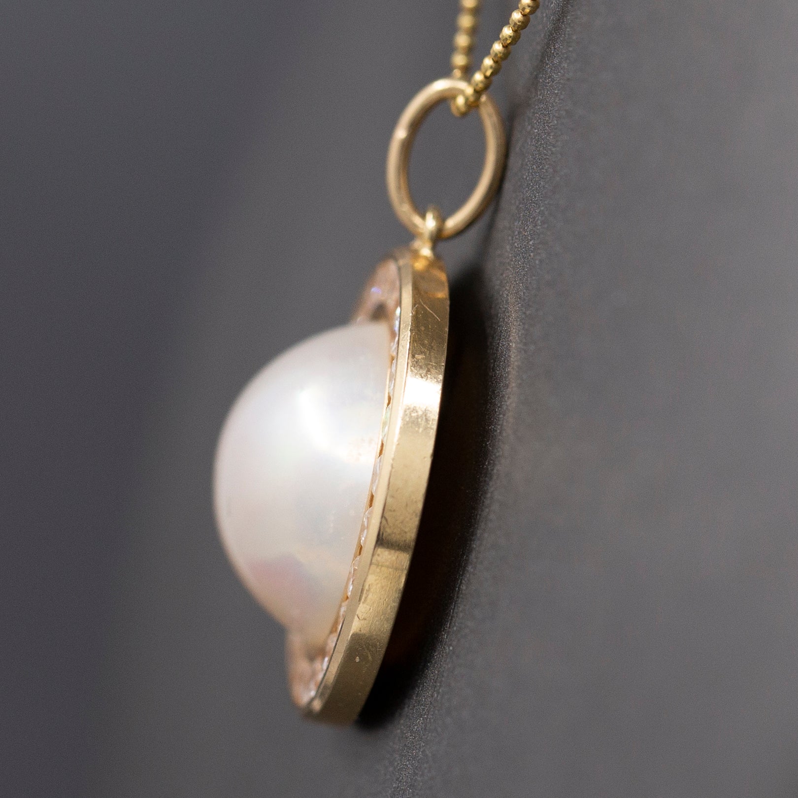Exceptional Mabe' Pearl and Diamond Halo Pendant Necklace in 14k Yellow Gold