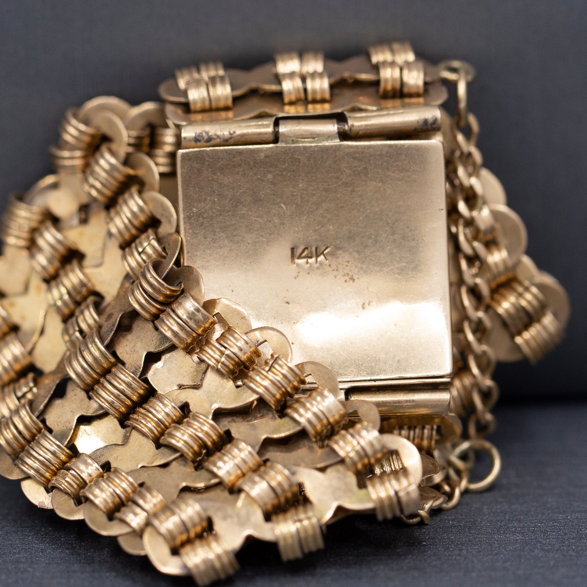 Intricate Handmade Antique Victorian Wide Chain Bracelet in 14k Rosy Gold