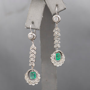 Fantastic Art Deco Diamond And Emerald Long Dangle Earrings in 14k White Gold