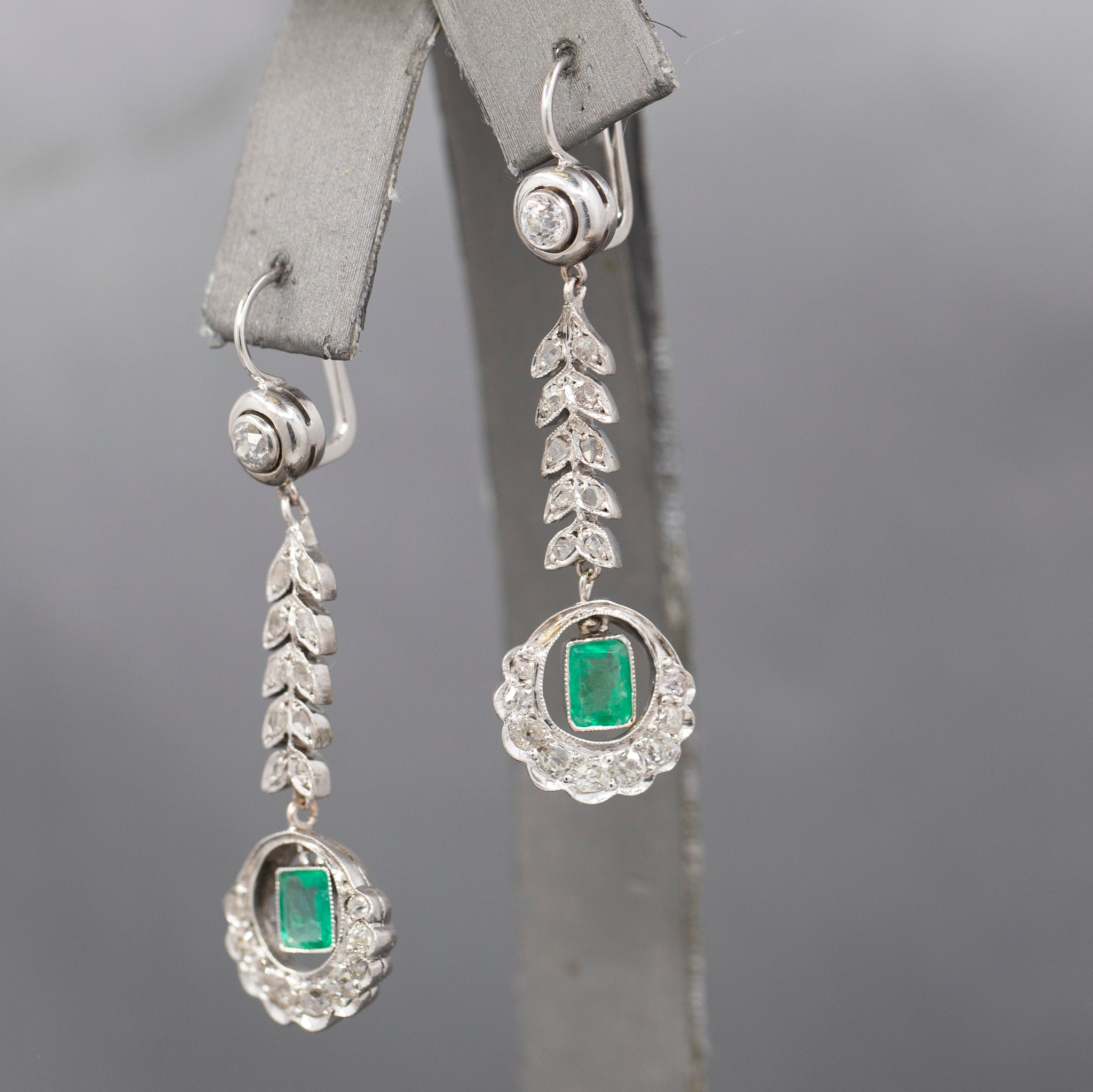 Fantastic Art Deco Diamond And Emerald Long Dangle Earrings in 14k White Gold