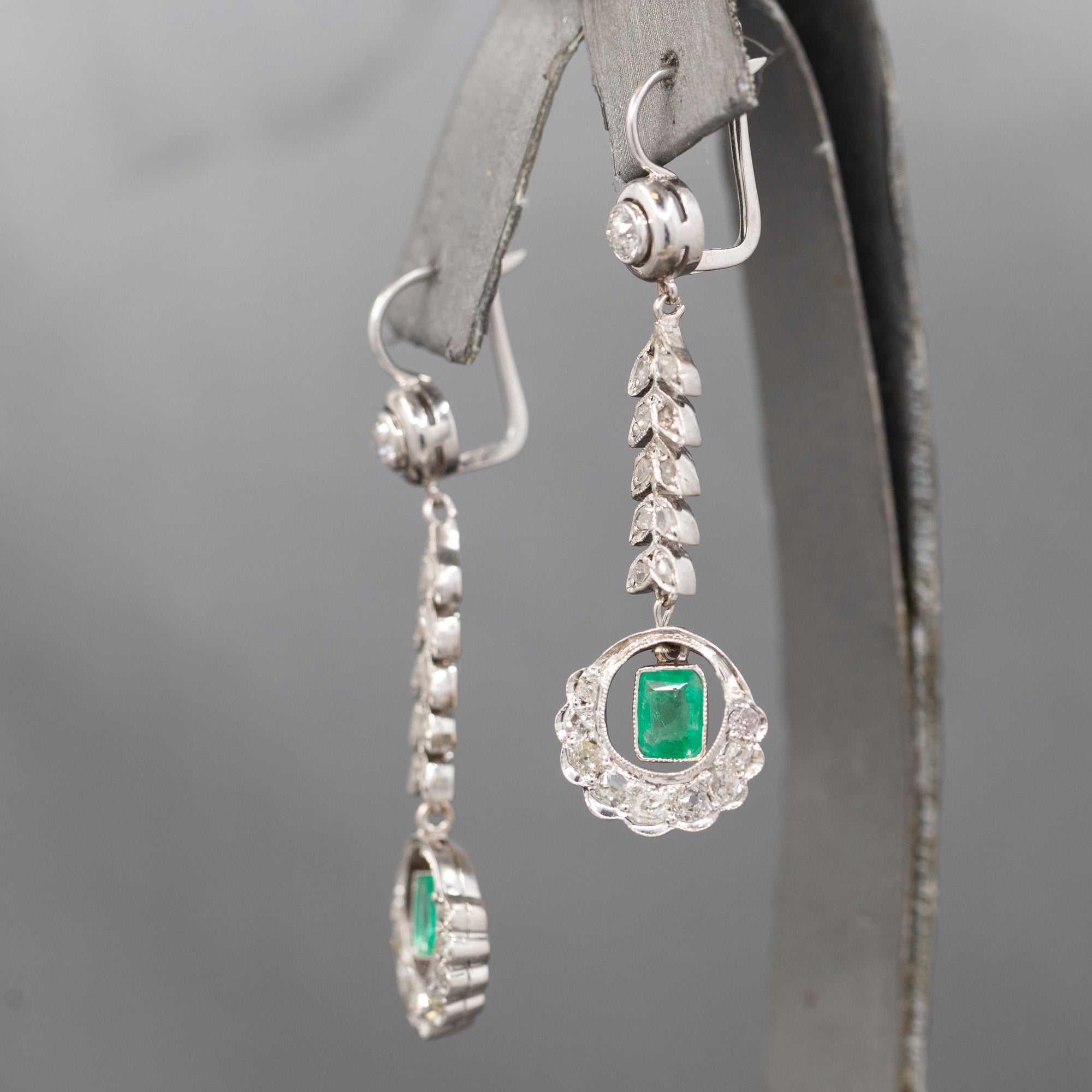 Fantastic Art Deco Diamond And Emerald Long Dangle Earrings in 14k White Gold