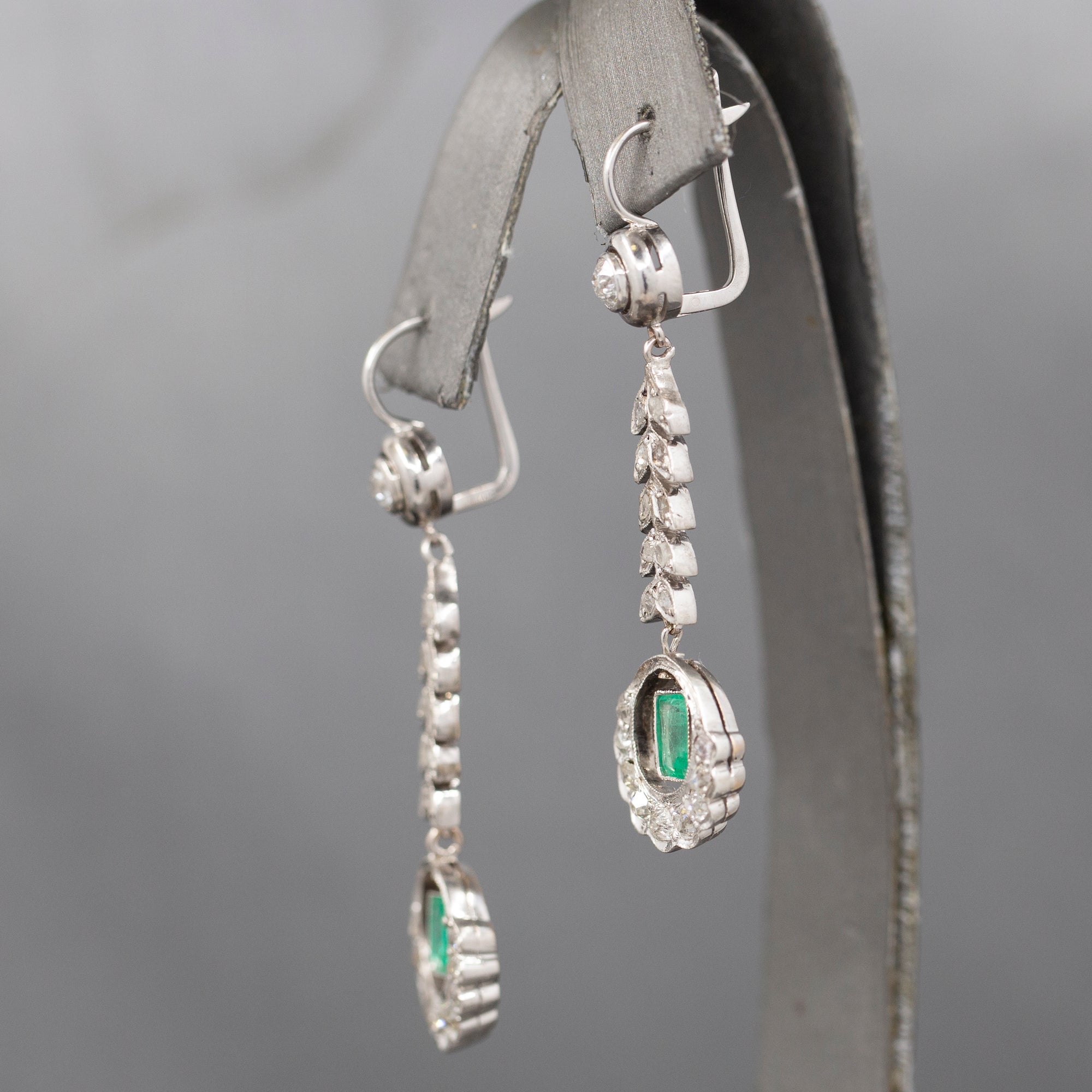 Fantastic Art Deco Diamond And Emerald Long Dangle Earrings in 14k White Gold