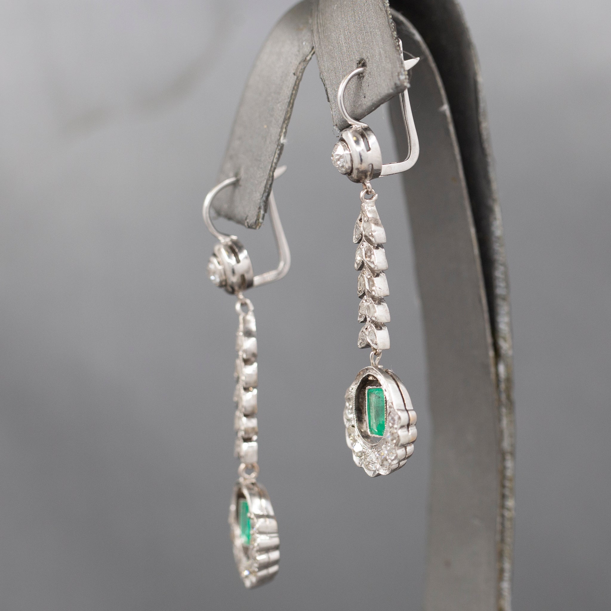 Fantastic Art Deco Diamond And Emerald Long Dangle Earrings in 14k White Gold