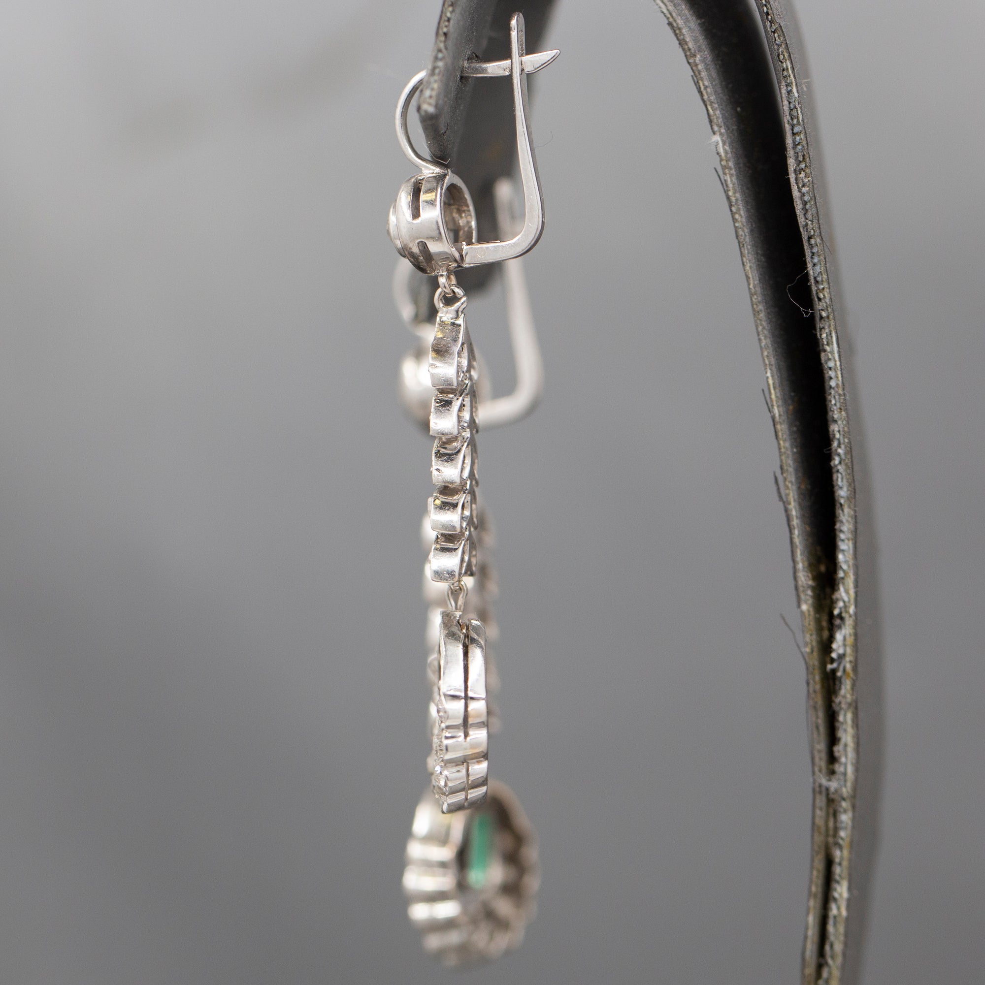 Fantastic Art Deco Diamond And Emerald Long Dangle Earrings in 14k White Gold