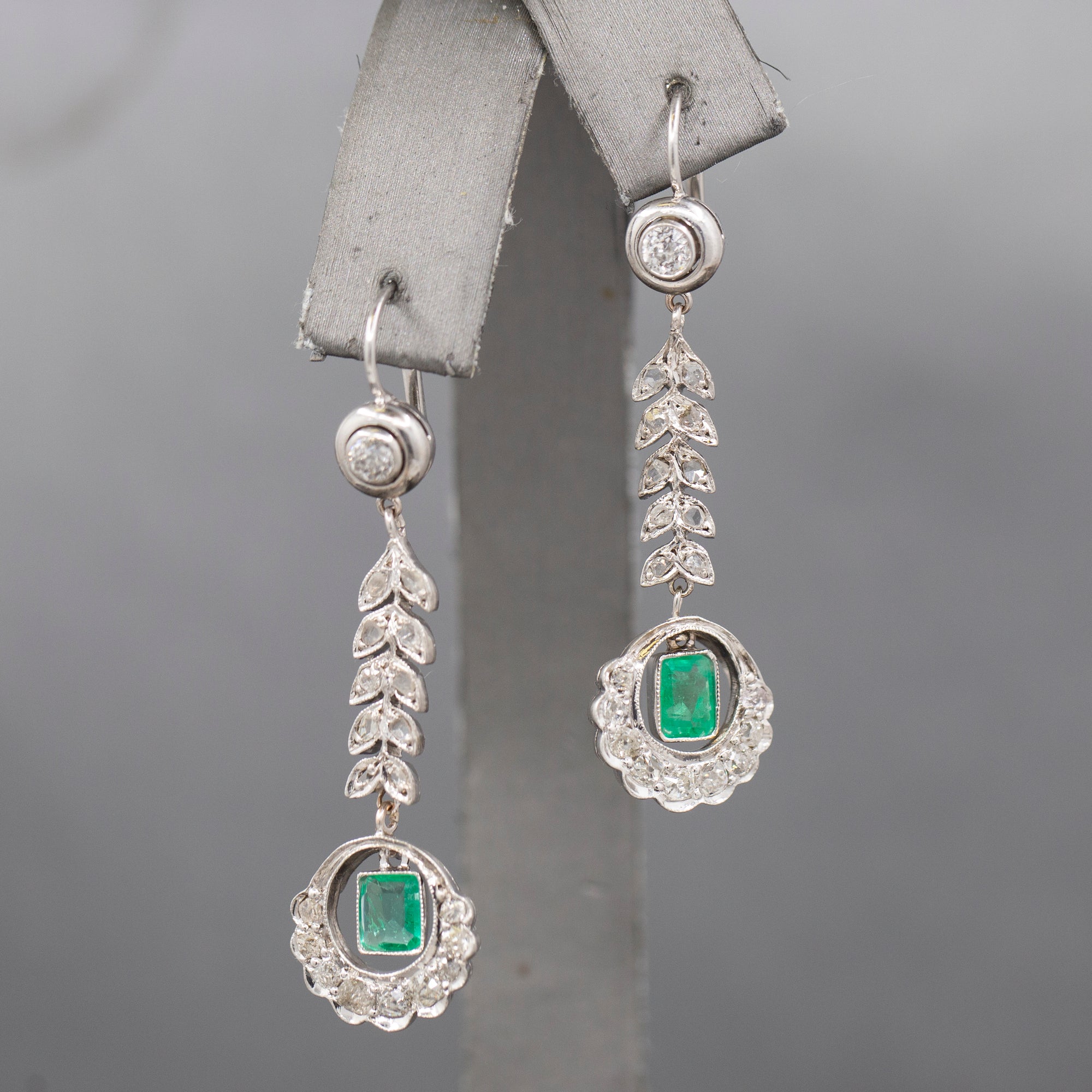Fantastic Art Deco Diamond And Emerald Long Dangle Earrings in 14k White Gold