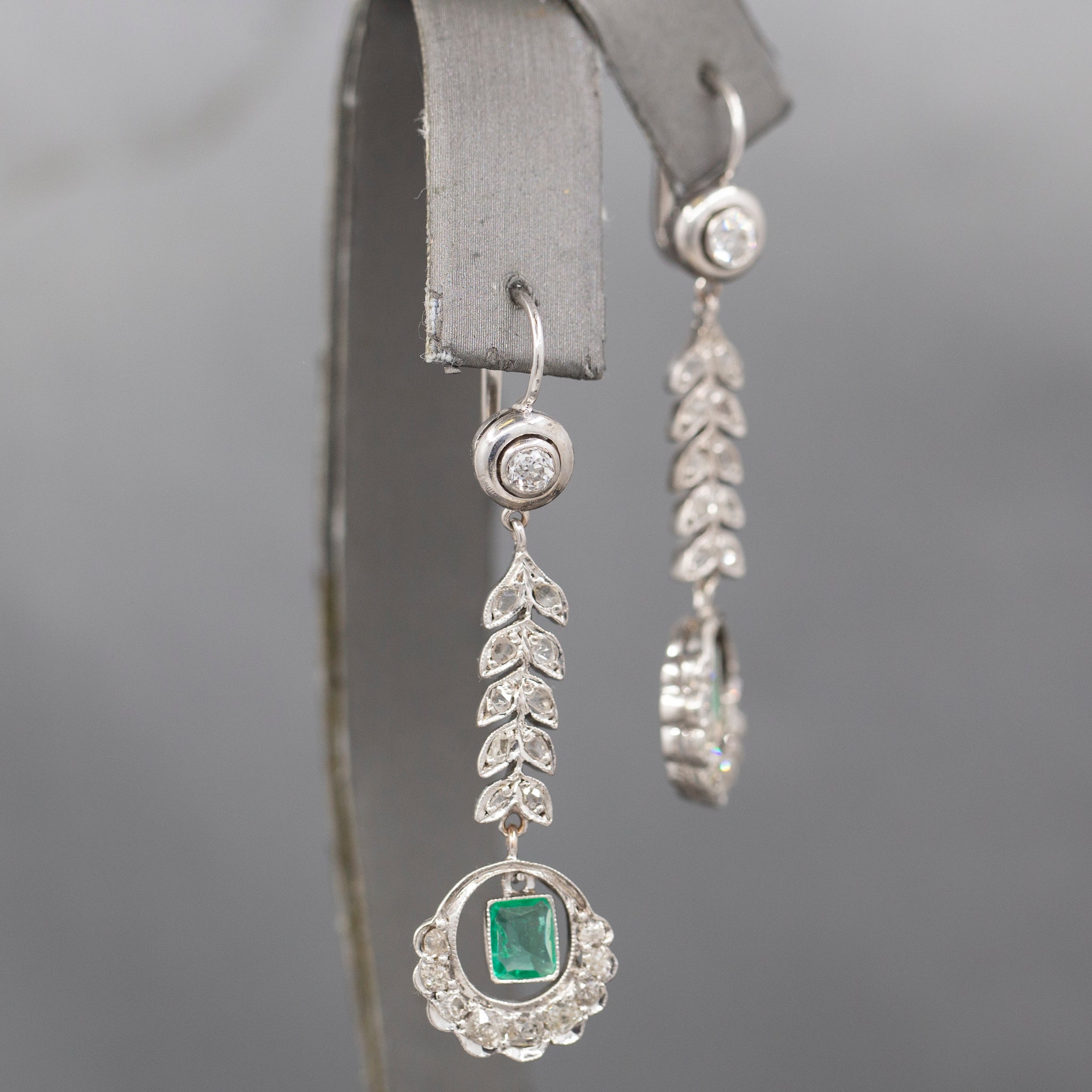 Fantastic Art Deco Diamond And Emerald Long Dangle Earrings in 14k White Gold