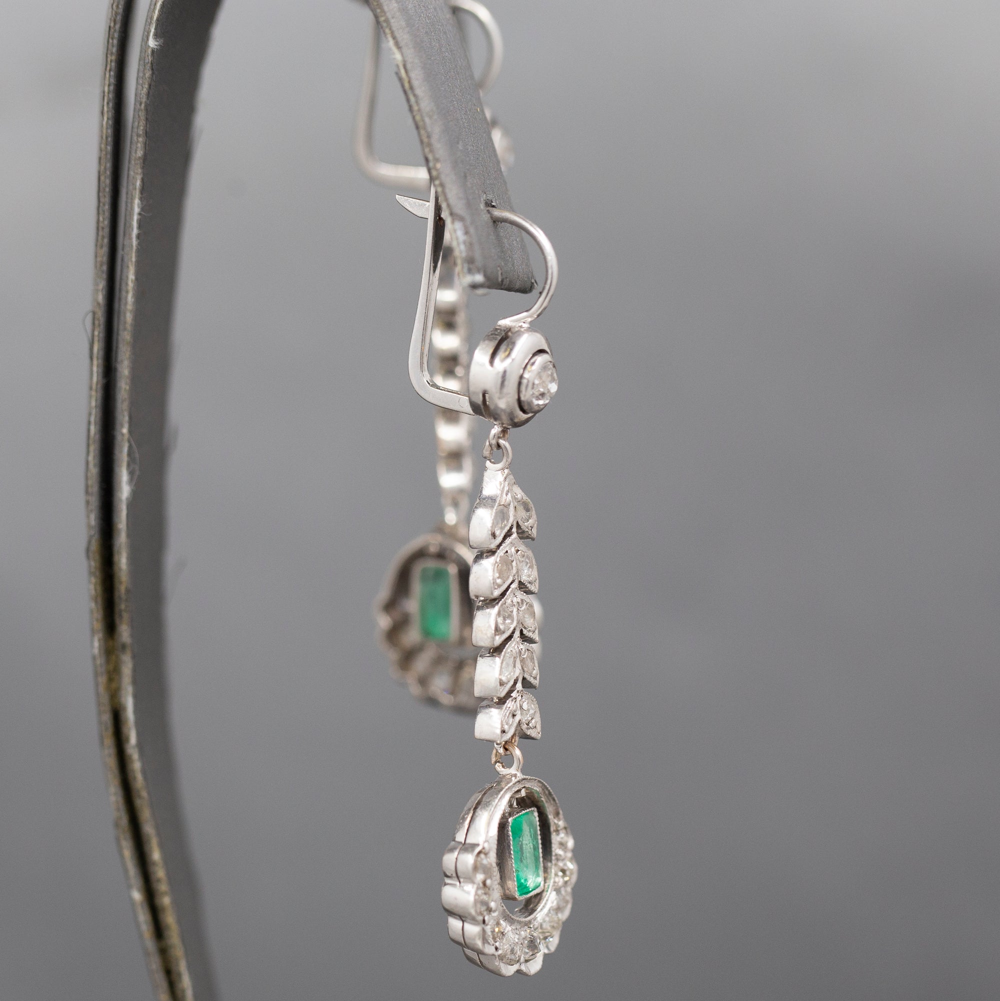 Fantastic Art Deco Diamond And Emerald Long Dangle Earrings in 14k White Gold
