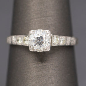 Lovely Late Art Deco Old European Cut Diamond Engagement Ring in 14k White Gold