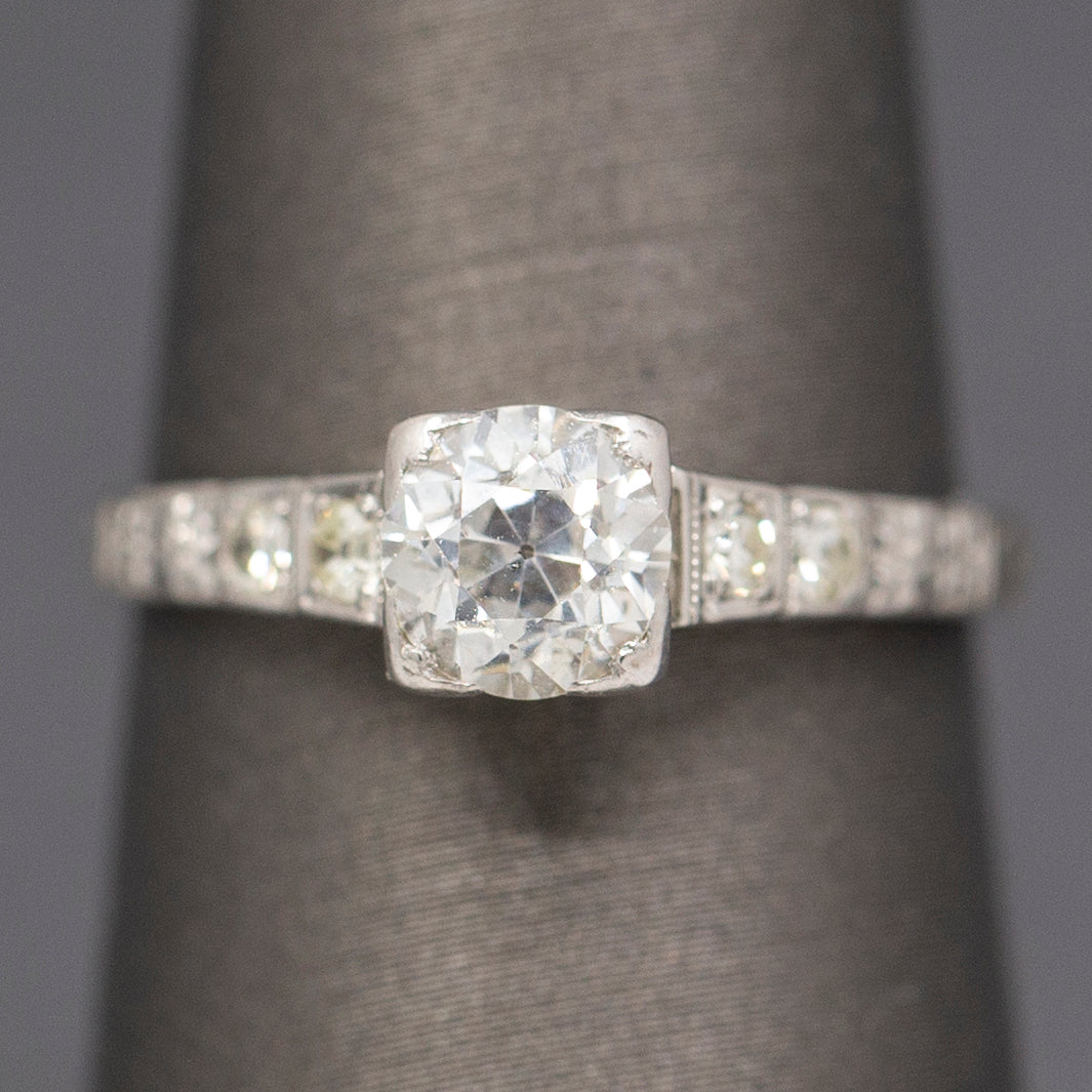 Lovely Late Art Deco Old European Cut Diamond Engagement Ring in 14k White Gold