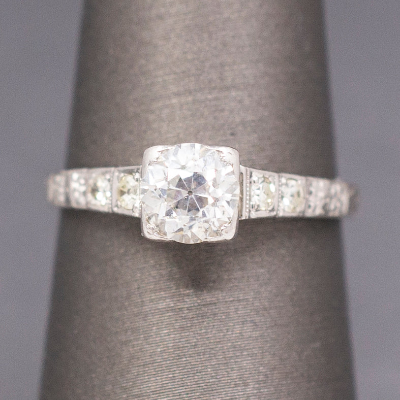 Lovely Late Art Deco Old European Cut Diamond Engagement Ring in 14k White Gold