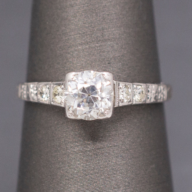 Lovely Late Art Deco Old European Cut Diamond Engagement Ring in 14k White Gold