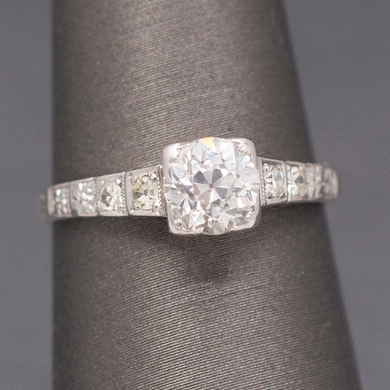 Lovely Late Art Deco Old European Cut Diamond Engagement Ring in 14k White Gold