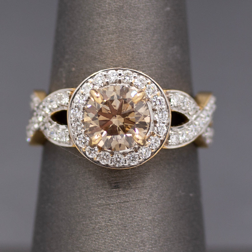 Fancy Light Brown and White Diamond Cross Over Ring in 18k Yellow Gold